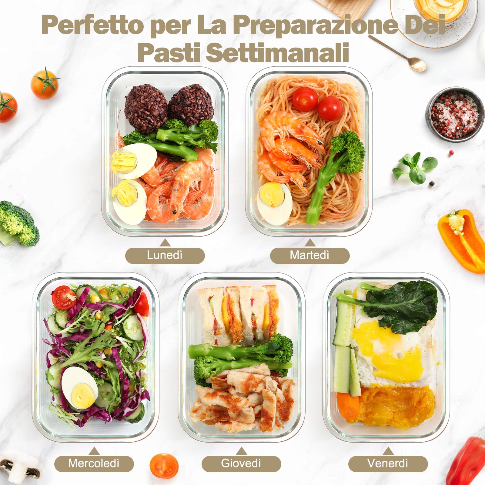 YASHE Set 10 Contenitori Vetro per Alimenti con Coperchi Ermetici, Senza BPA, Adatti a Microonde, Forno, Frigo e Congelatore, per Meal Prep, Bianco