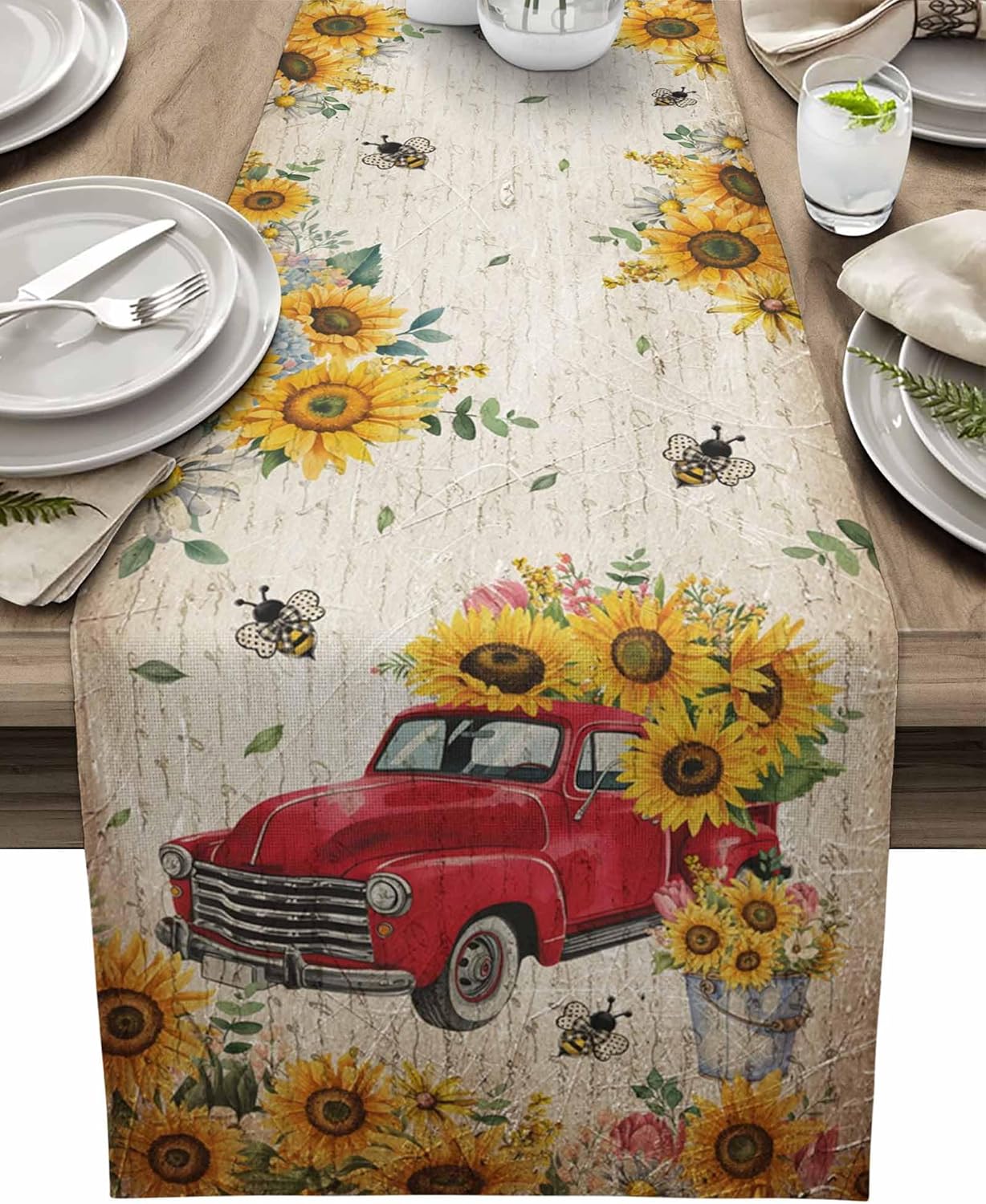 Red Truck Burlap Table Runner - 72 Inch Sunflower Pattern for Parties & Weddings, Floral Dining Room Decor