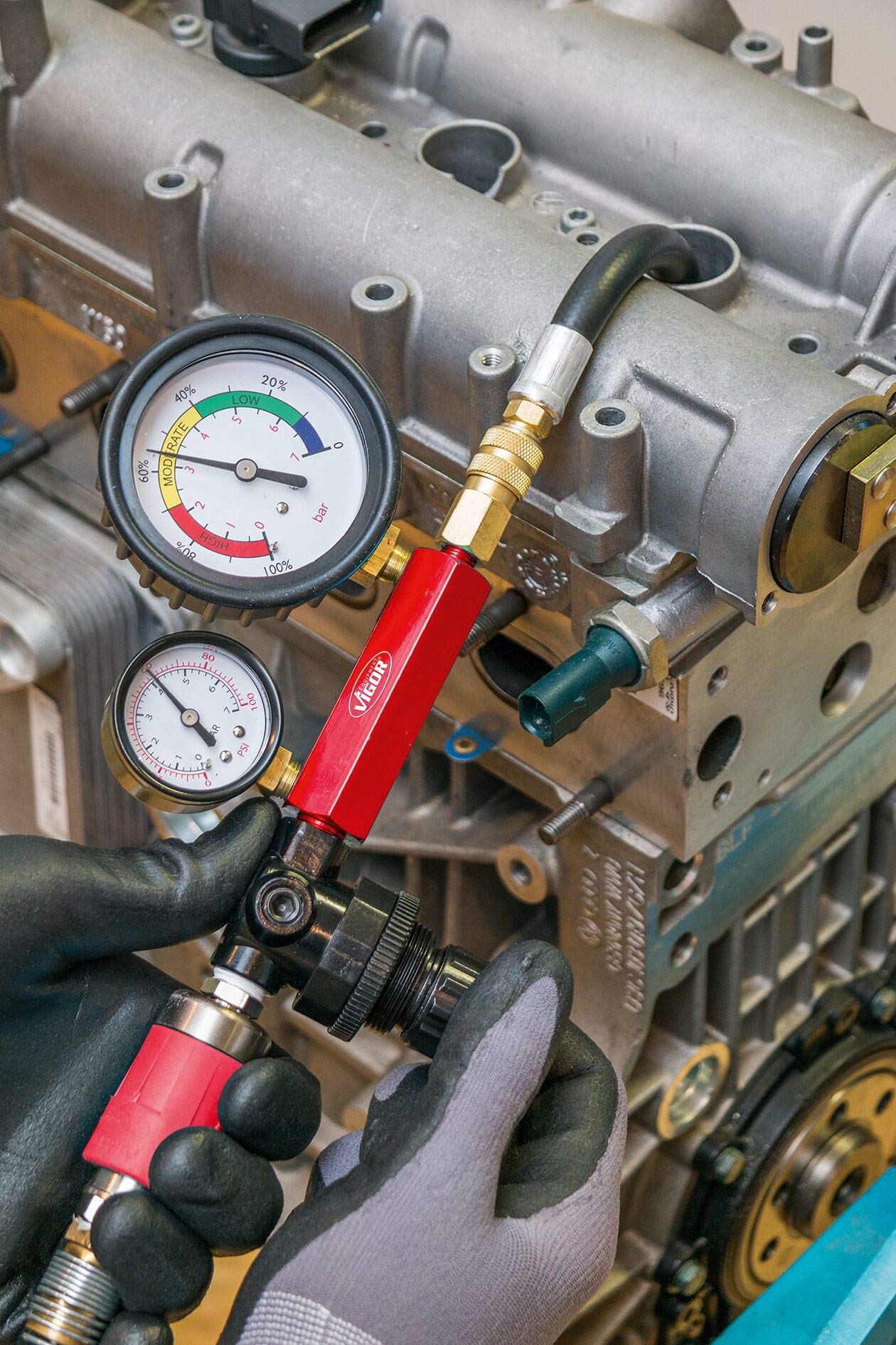 Set di tester per compressione e perdita di pressione ViGOR V4461, per motori diesel e a benzina, test professionali di compressione o perdita di pressione per la maggior parte dei motori di auto