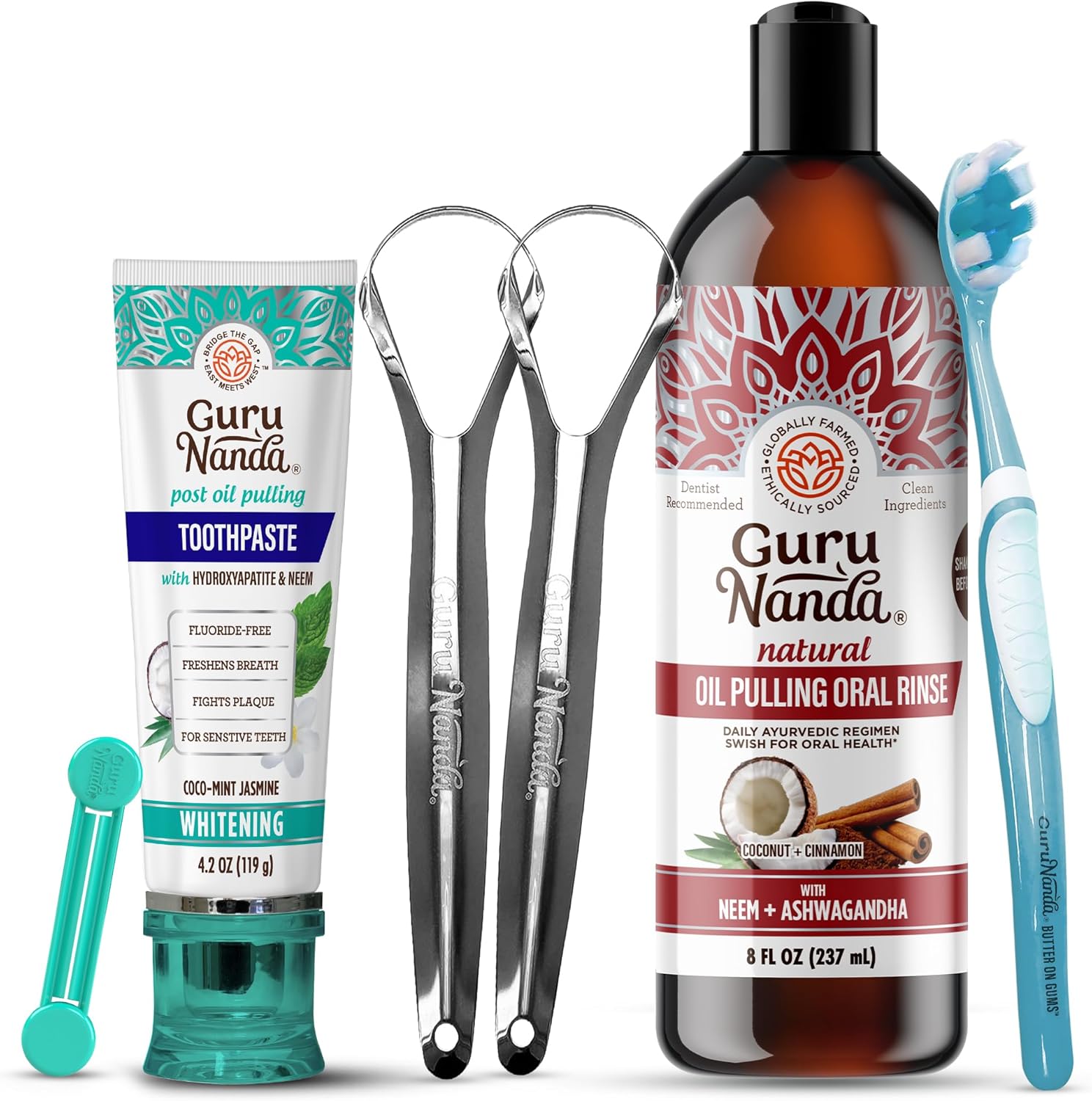 GuruNanda Ayurvedic Oral Care Bundle – Hydroxyapatite Toothpaste & Ashwagandha Neem Oil Pulling for Stronger Teeth & Happier Gums
