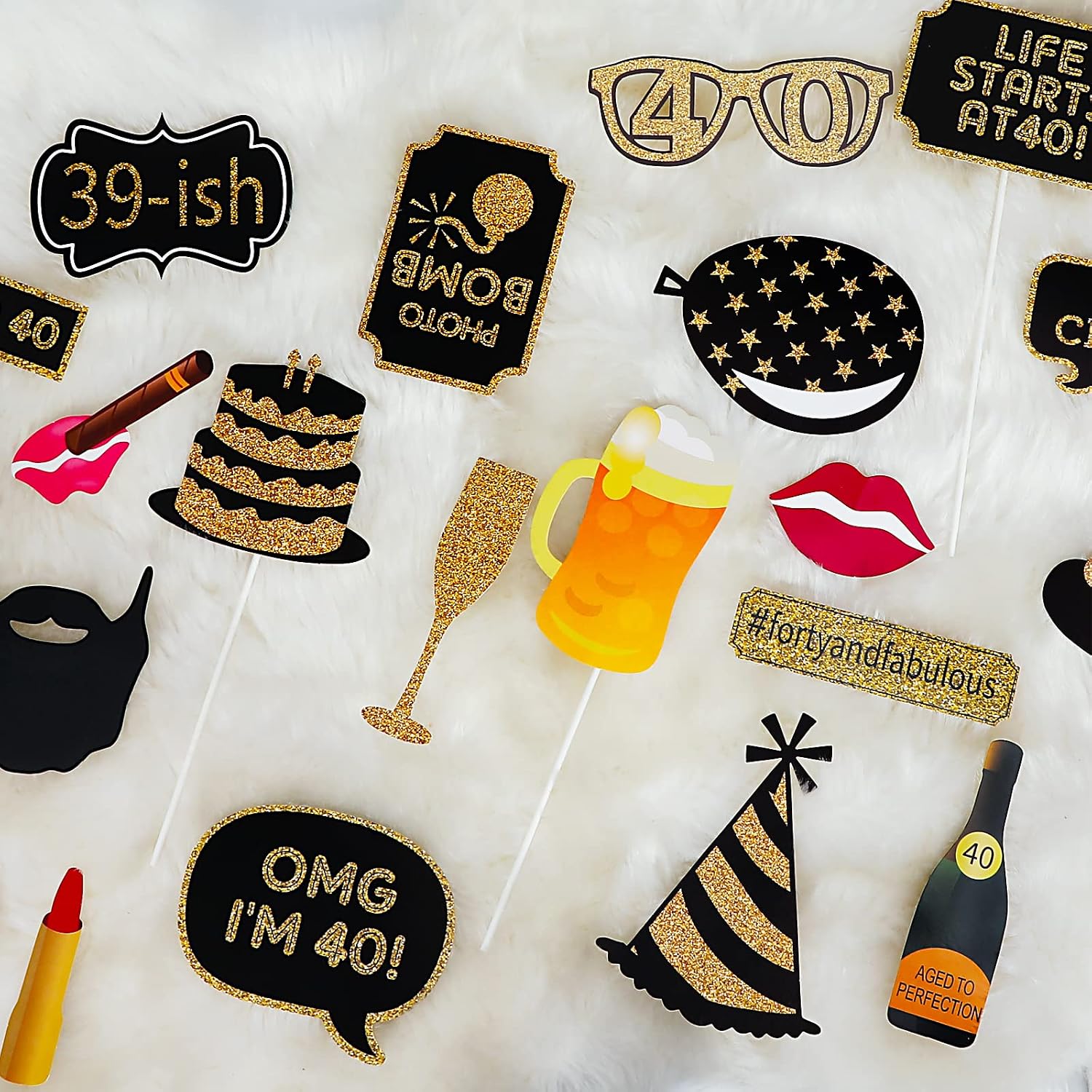 40th Birthday Photo Booth Props - 41 Pcs Black and Gold Decor, Funny Milestone Party Supplies for Men & Women, Retro 1986 Theme Selfie Station Accessories for Surprise Party, 40th Celebration Bash