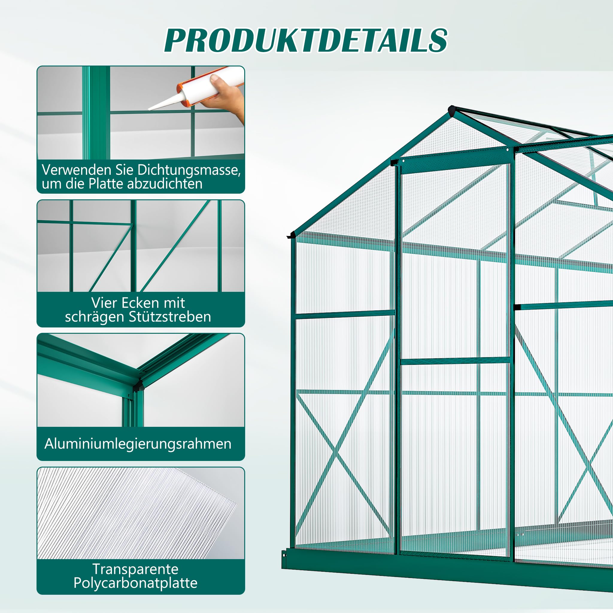 Gewächshaus 254×189×155cm Stabil und Sturmfest Transparente Polycarbonatplatte Wintergarten, Zimmergewächshaus für Verstellbarer Dachlüfter mit 4 Winkeln, Witterungsbeständigkeit Frühbeet,Tomatendach