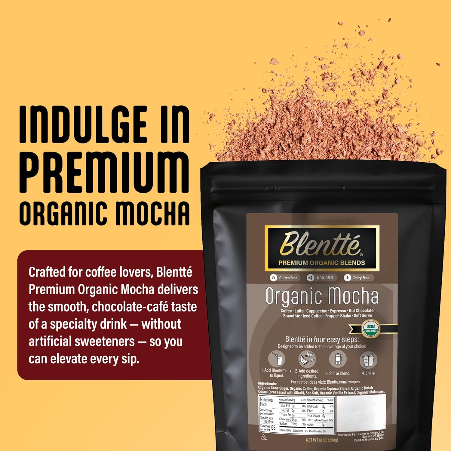 Blentte - Organic Mocha Drink Mix - Latte, Cappuccino, Frappe, Hot Chocolate & Coffee Blend - For Instant Smooth Chocolatey Beverage - Non-GMO - Dairy-Free - Gluten-Free - 10 Oz