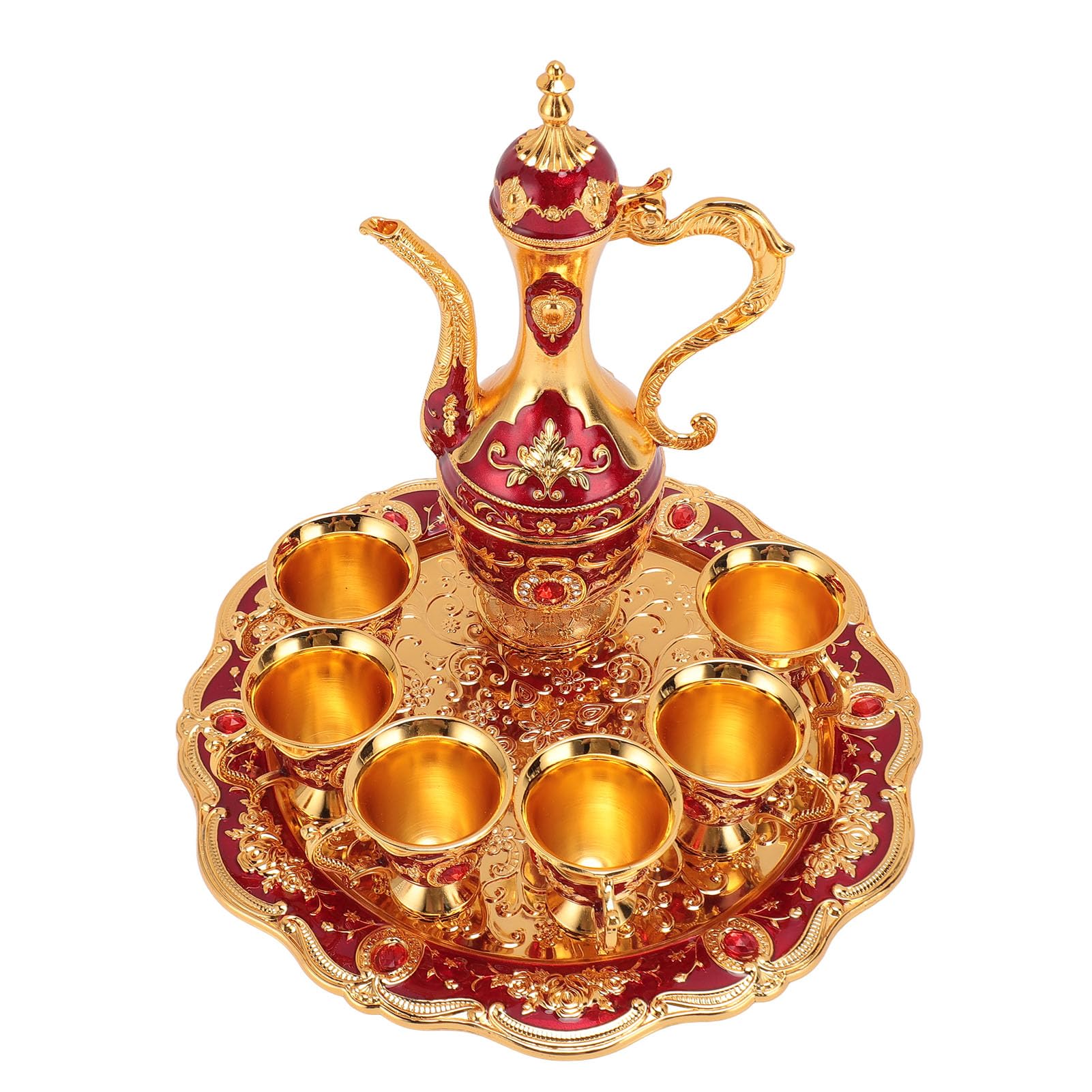 Ornaments Alloy Coffee Pot Set With 6 Cups Exquisite Relief Craftsmanship Good Decoration For Wedding Birthday Vintage European Zinc (Gold Red)