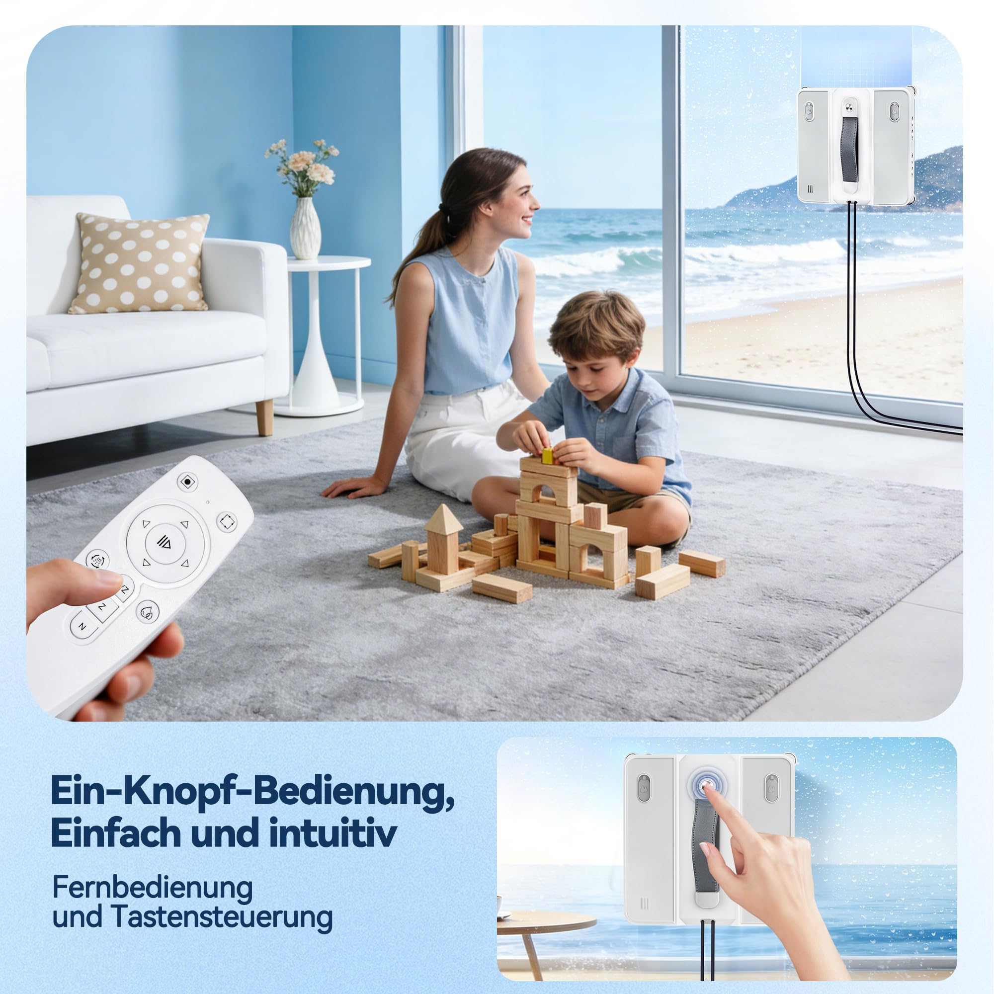 Fensterputzroboter mit 200ML Wassertank, Saugkraft 5000Pa, 8 Düsen Wassernebel, Leiser Betrieb, 3 Reinigungsmodi, Intelligente Wegplanung, Randerkennung, Inklusive 4 Reinigungstüchern