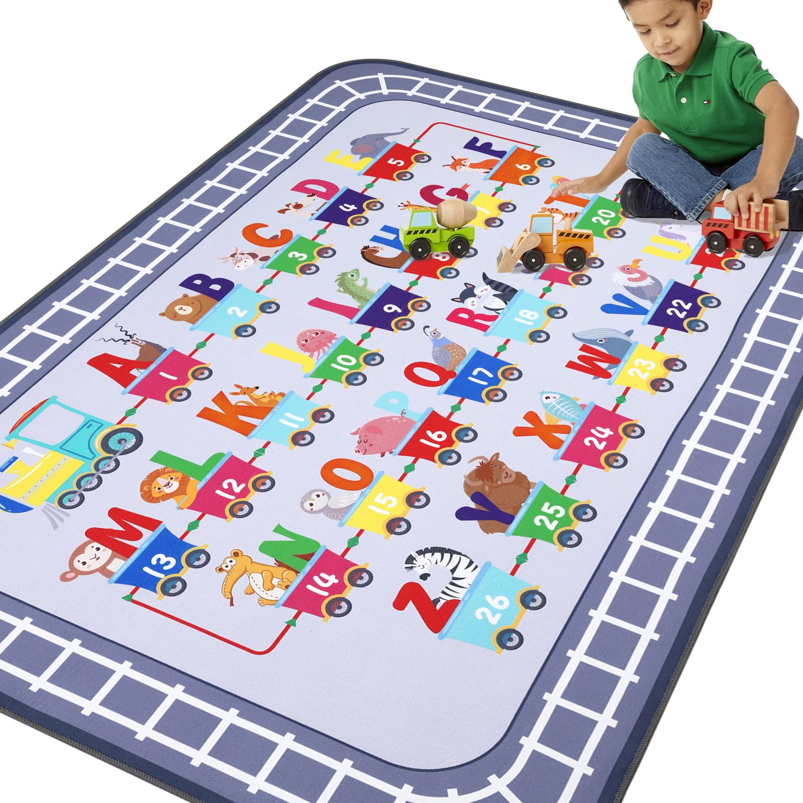 HiiARug Playroom Rug, Train and Road Kids Play Mat 5x7Ft, Non-Slip ABC Rug Educational Washable Rugs for Playroom, Bedroom, Classroom, Preschool,