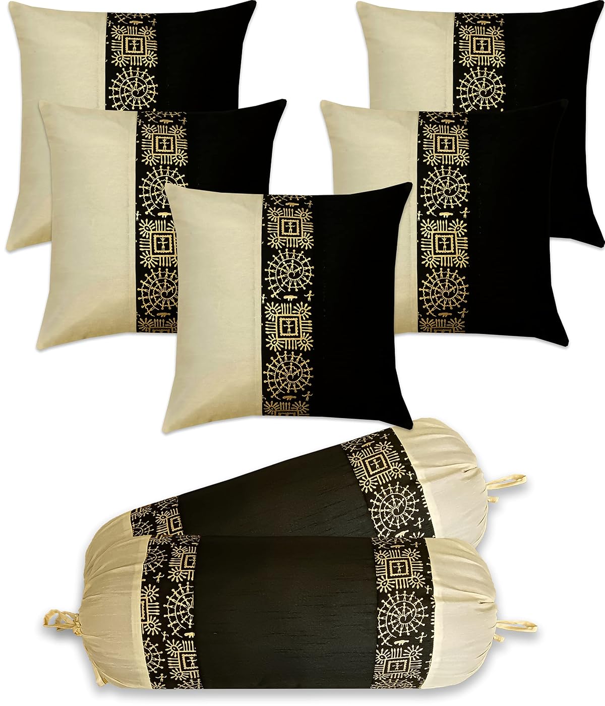 Gifts Island Dupion Silk Ethnic Golden Printed Square Pillow Cushion Covers