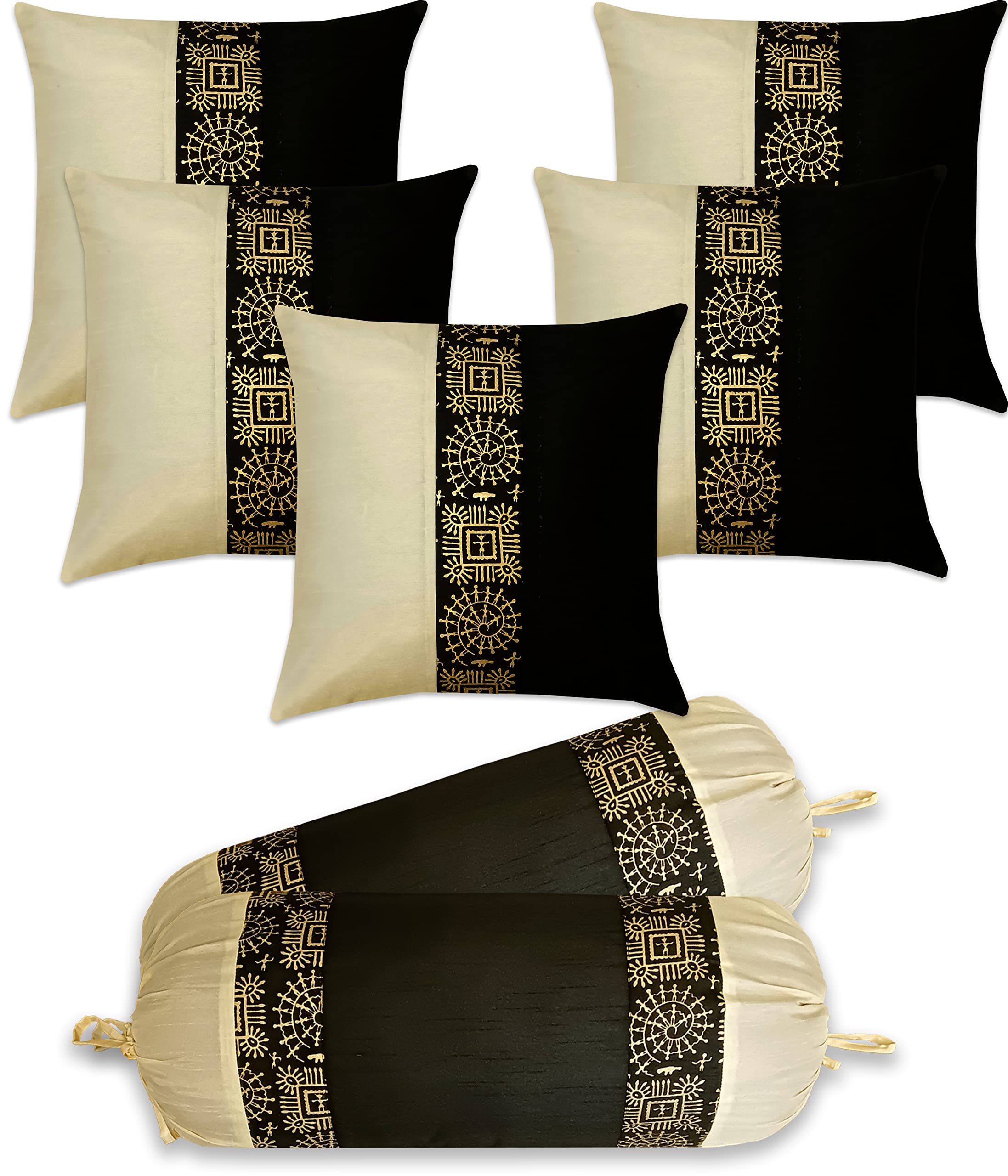 Gifts Island Dupion Silk Ethnic Golden Printed Square Pillow Cushion Covers 16x16 inches Set of 5, Round Pillow Bolster Covers Set of 2 16x32 inches