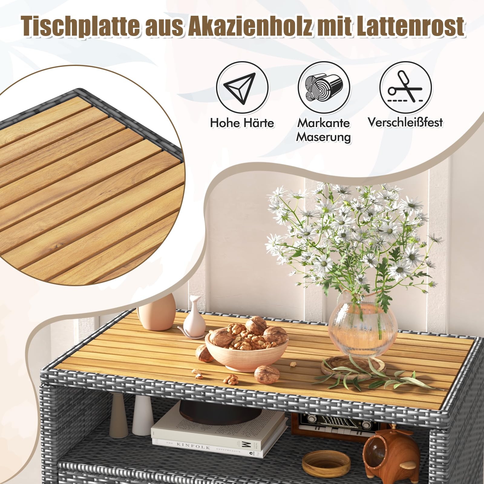 GYMAX Gartenschrank Rattan Terrassenschrank Doppeltür Akazienholz Arbeitsplatte offenes Regal Outdoor Aufbewahrungsschrank 90x53x86 cm Grau