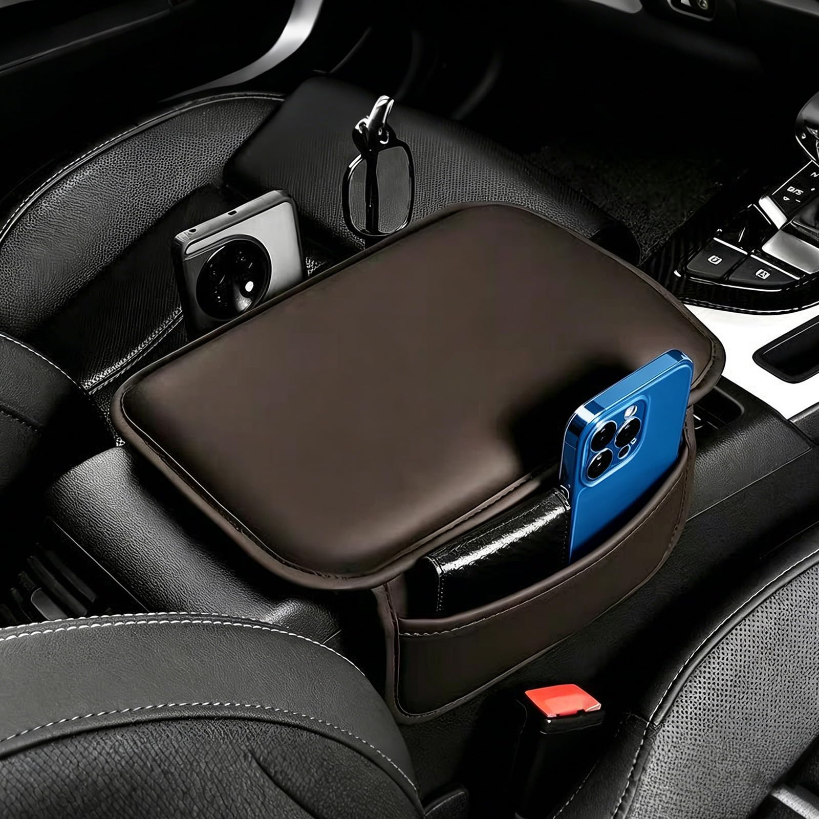 QIZUN Car Armrest Box Cover for Abarth 500 595 695 SS Grande 2000-2011 Centre Console Pad Nappa Leather Protector Mat with 2 Side Storage Pockets Sleeve,Brown