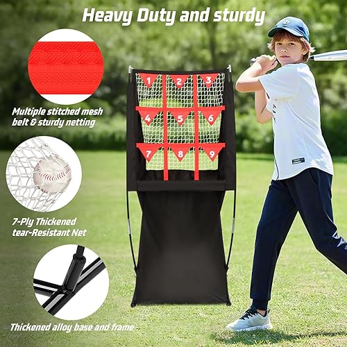 Miniatura 6 de Storgem Red de lanzamiento de 9 agujeros con zona de ataque, red de lanzamiento de béisbol y softbol con retorno automático de bola, equipo de