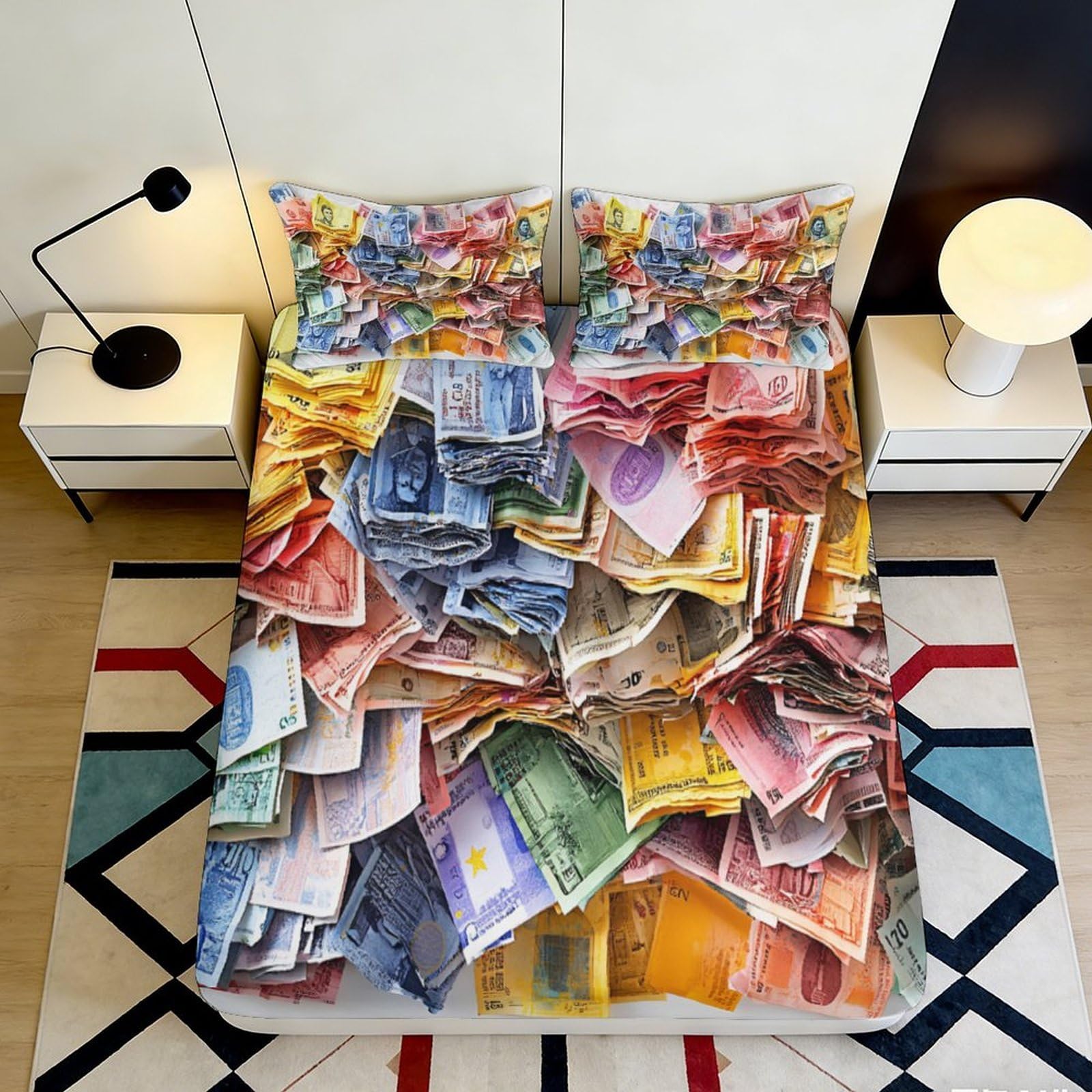 3D Printed Colorful Currency Fitted Sheet Microfiber Soft Breathable Stacked Money Bed Cover for Bedroom Dormitory Guest Room Mattress Protection Decor 140x200x25cm