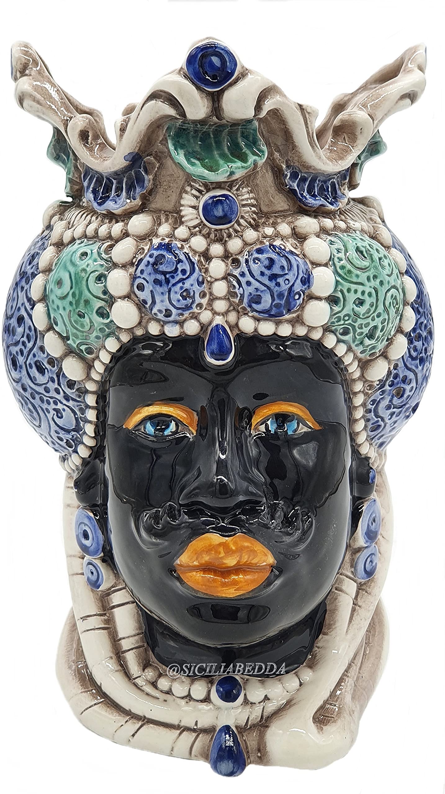 sicilia bedda - Teste di Moro Siciliane in Ceramica di Caltagirone - Realizzato Interamente a Mano - Altezza 18 Centimetri (Testa di Moro Saraceno Blu)