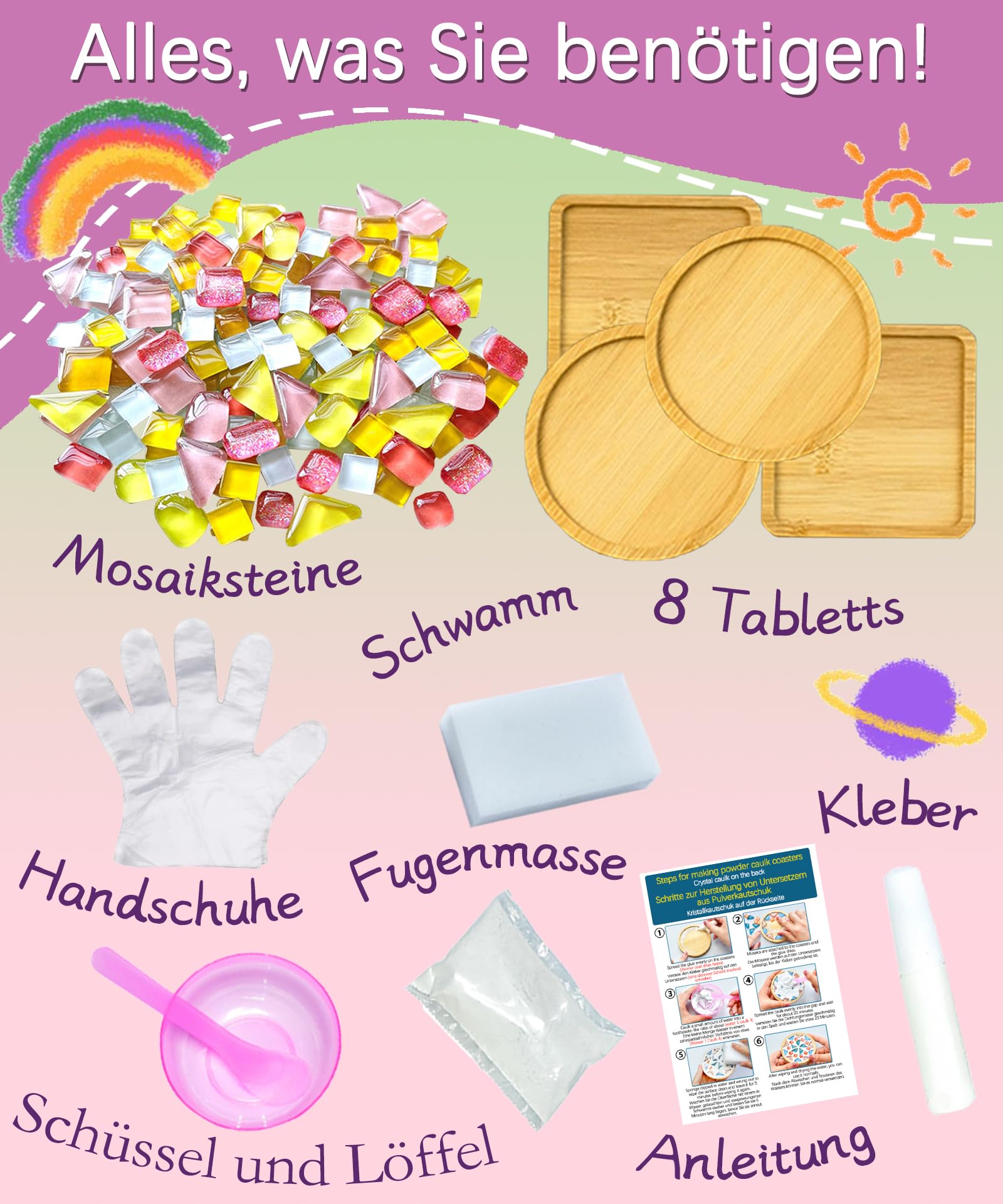 Finsink Set di 8 sottobicchieri a mosaico per bambini, set fai da te,di sottobicchieri in legno, set di pietre a mosaico per il fai da te, regalo di compleanno per bambini adulti