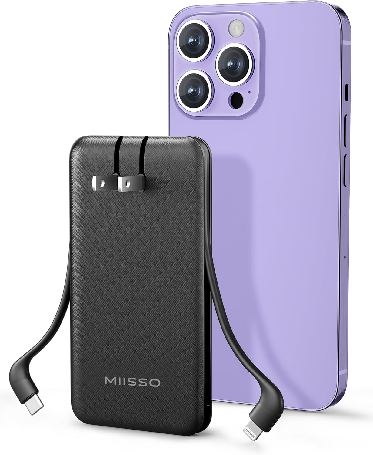 miisso 10000mAh Power Bank with built-in cables next to a smartphone
