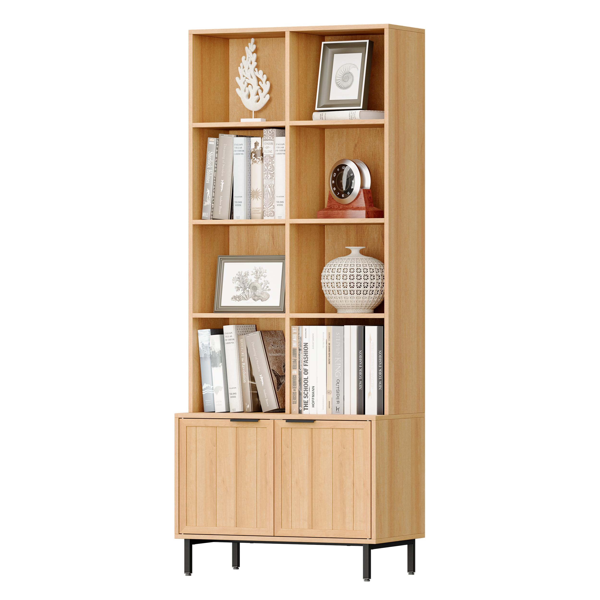 VDNEND 71" Tall Wooden Bookcase with Doors & Storage - 4-Tier Adjustable Shelves, Farmhouse Style Cabinet for Living Room, Office, Kitchen, Library -