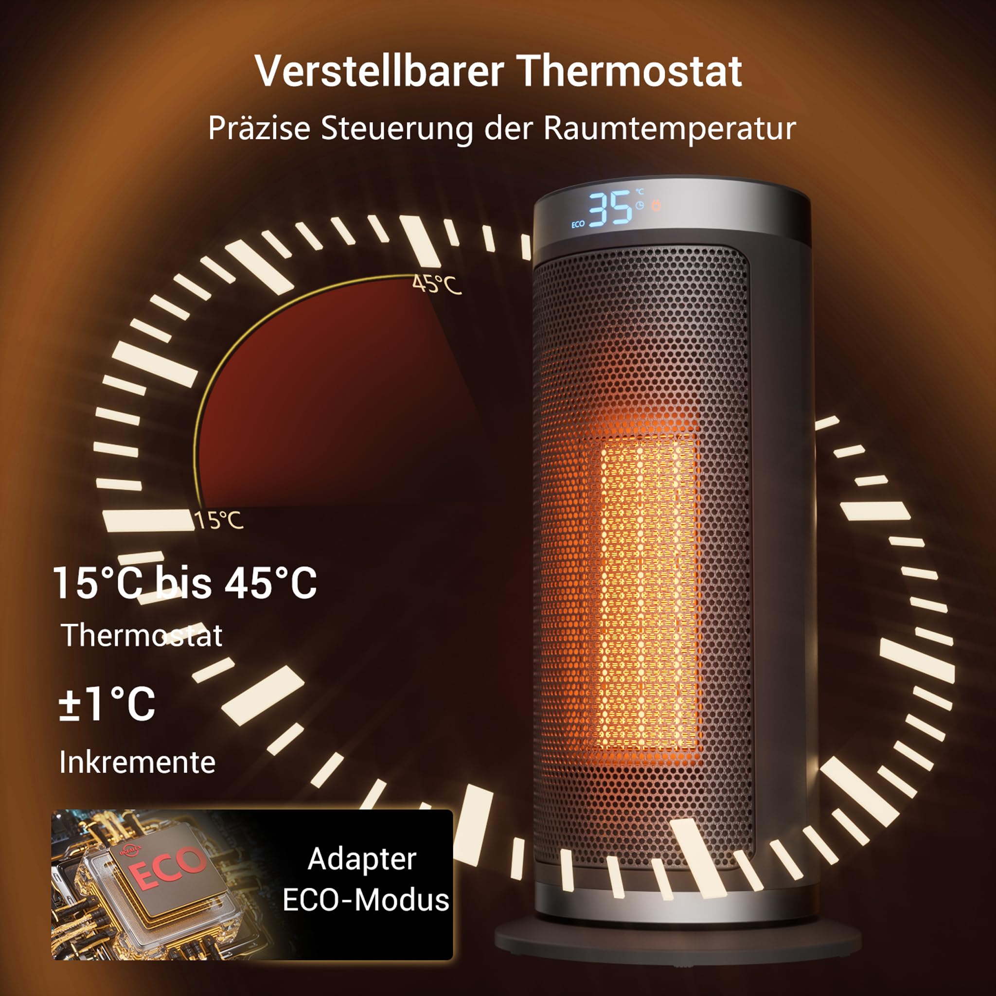 2000w Heizlüfter 4 Modus ECO/LO/HI/Fan Only ÜBerhitzungs- & Kippschutz