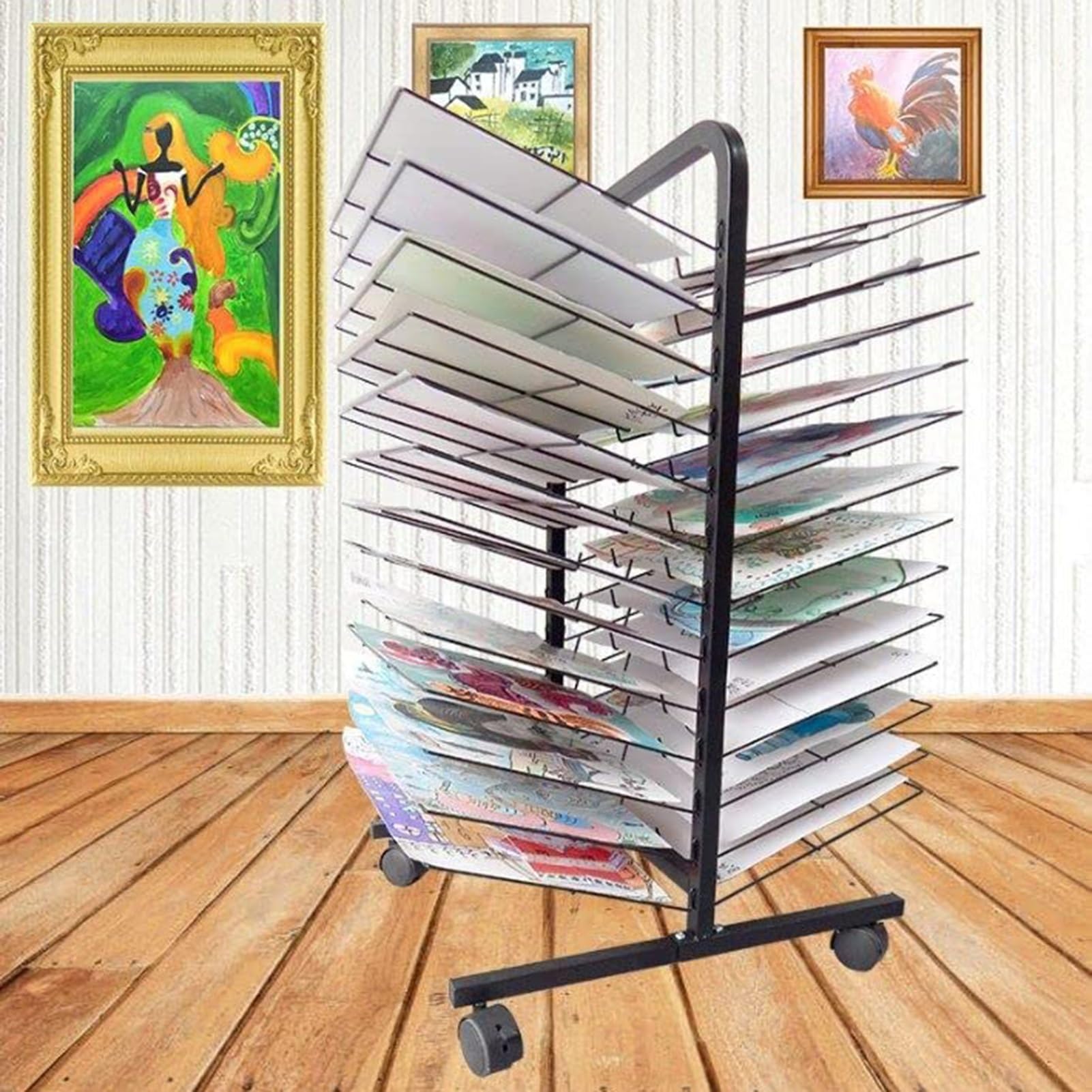 Séchoir mobile pour art et dessins d'enfants, idéal pour les tableaux de toile, les papiers et les impressions, design peu encombrant avec plusieurs étages