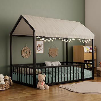 Harper & Bright Designs Twin Size Montessori Floor Bed Frame, Metal House Floor Bed Frame with Roof and Fence for Boys Girls,No Slats,Easy Assemble, Black