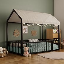 House Shape Floor Bed with Safety Fence and Roof For Kids, Twin, Black