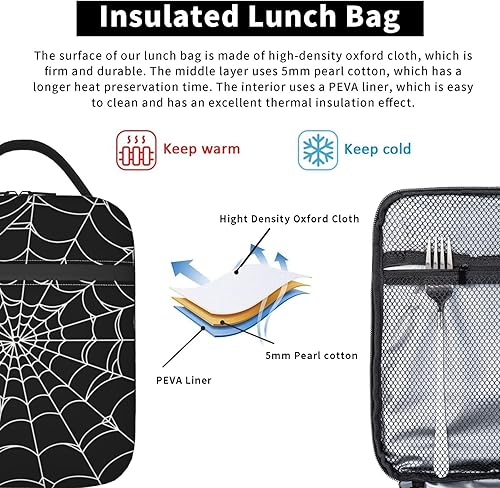 Miniatura 5 de Lonchera gótica de tela de araña, bolsa de almuerzo aislada para mujeres y hombres, reutilizable, portátil, a prueba de fugas, bolsa térmica para