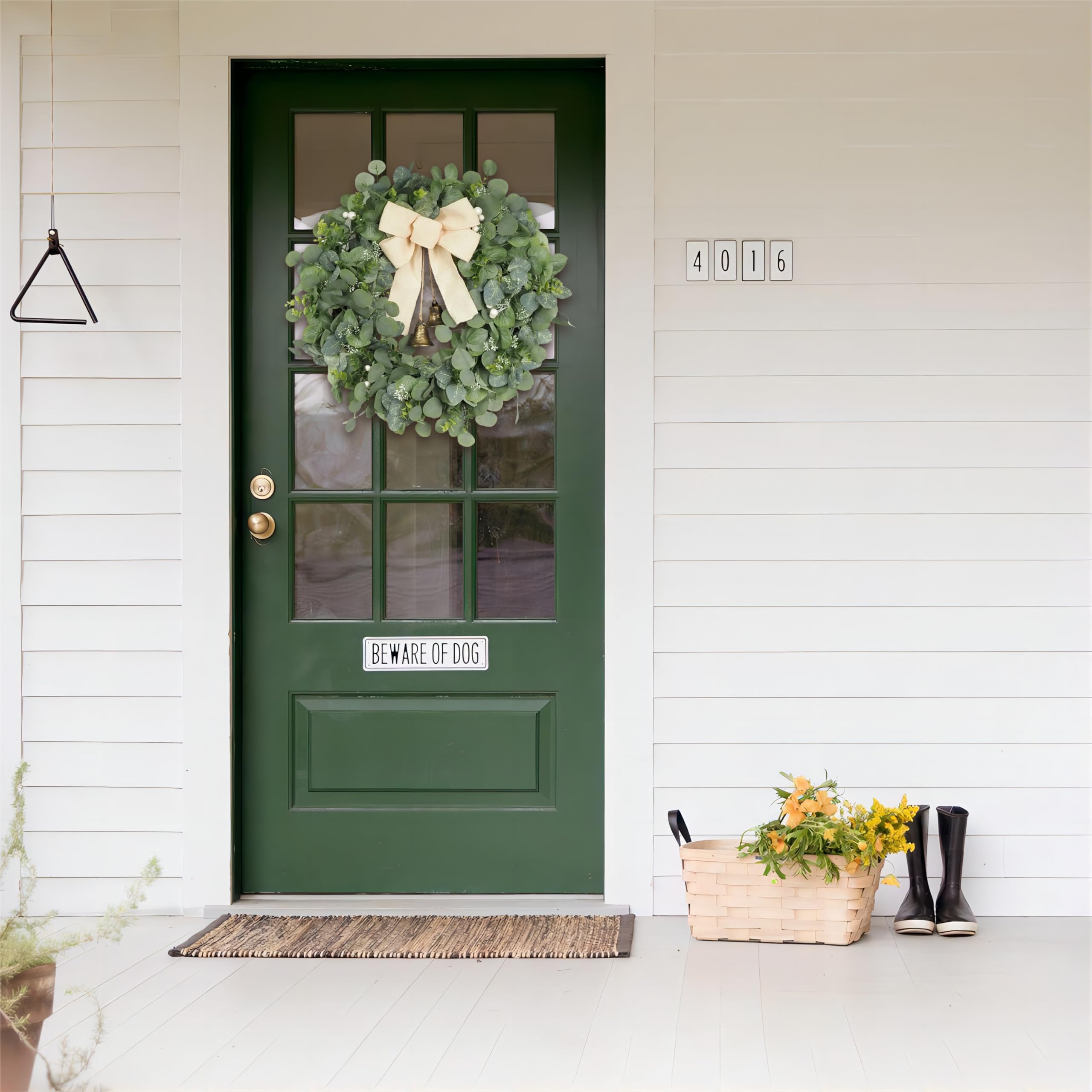 FLOROAD 26 inch Spring Wreath for Front Door, Green Artificial Eucalyptus Leaves Wreath, Year Round Spring Summer Fall All Season Faux Greenery Wreath with Beige Bow Metal Bells