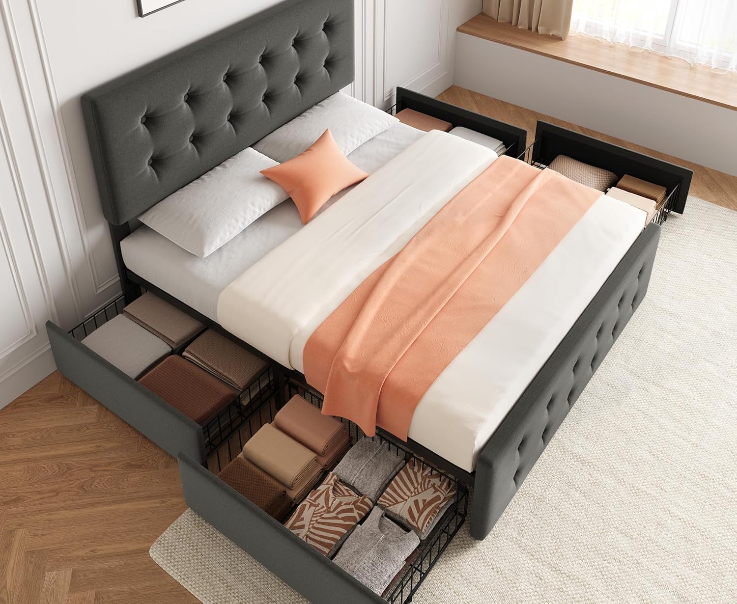 GAOMON Full Size Bed Frame with 4 Drawers and Adjustable Headboard, Linen Fabric Upholstered Platform Bed with Button Tufted Design, No Box Spring Needed, Strong Wooden Slats, Light Grey