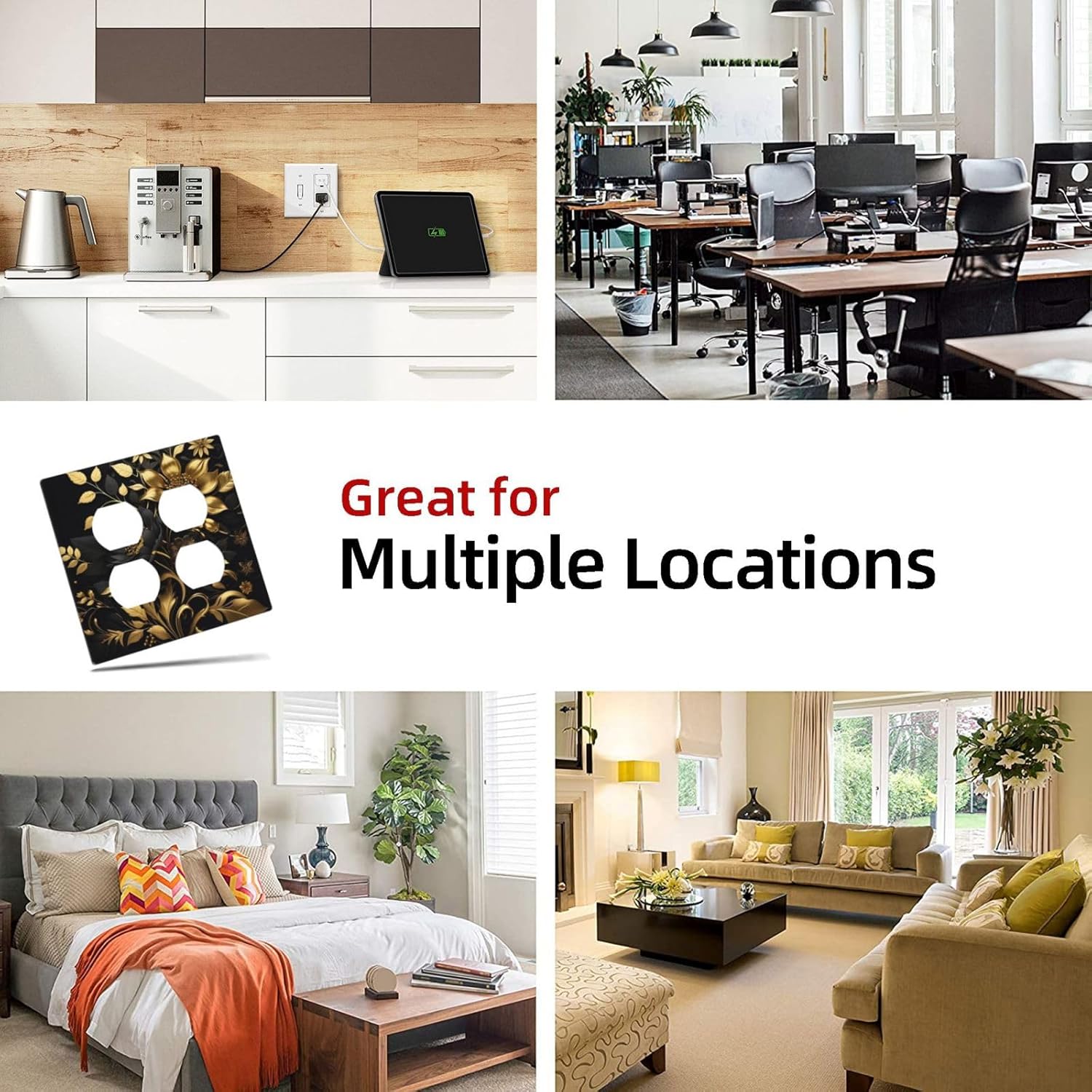 Decorative Outlet Covers Rustic Black Gold Flowers Leaves 2 Gang Wall Plate Double Duplex Light Switch Cover Switch Plate Covers Faceplate for Bedroom Home Decor