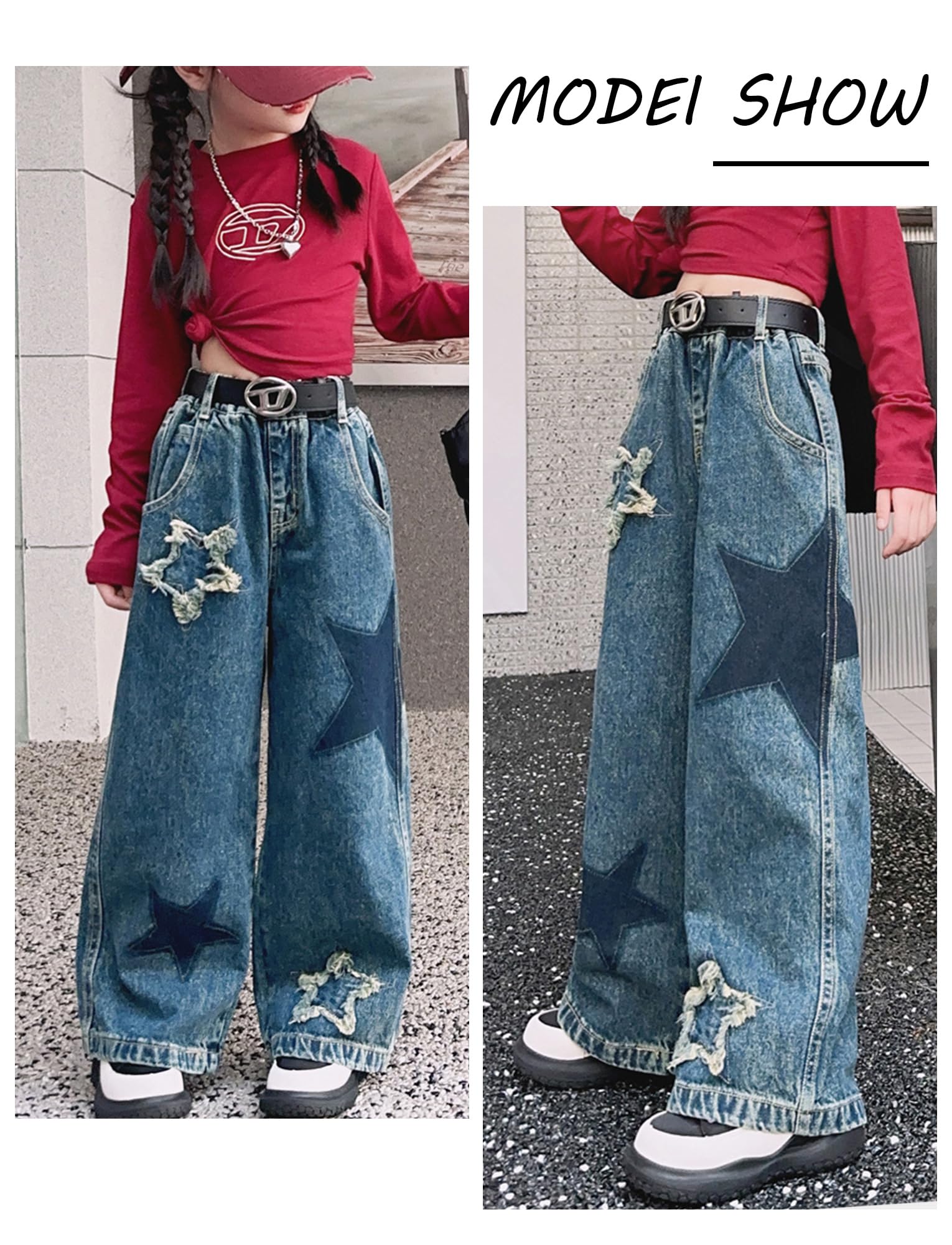 Maeau Jeans con gamba larga per ragazza, pantaloni in denim, pantaloni dritti per il tempo libero, con elastico in vita e tasche, motivo pentagramma, taglia 120-170