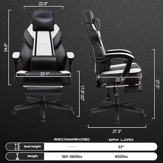 Gaming Chair for Adults, Gaming Chairs with Footrest, Ergonomic Video Game Chair with Massage Lumbar Big and Tall Computer Chair, Height Adjustable with Headrest and 360 Swivel Seat, White