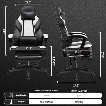 Gaming Chair for Adults, Gaming Chairs with Footrest, Ergonomic Video Game Chair with Massage Lumbar Big and Tall Computer Chair, Height Adjustable with Headrest and 360 Swivel Seat, White
