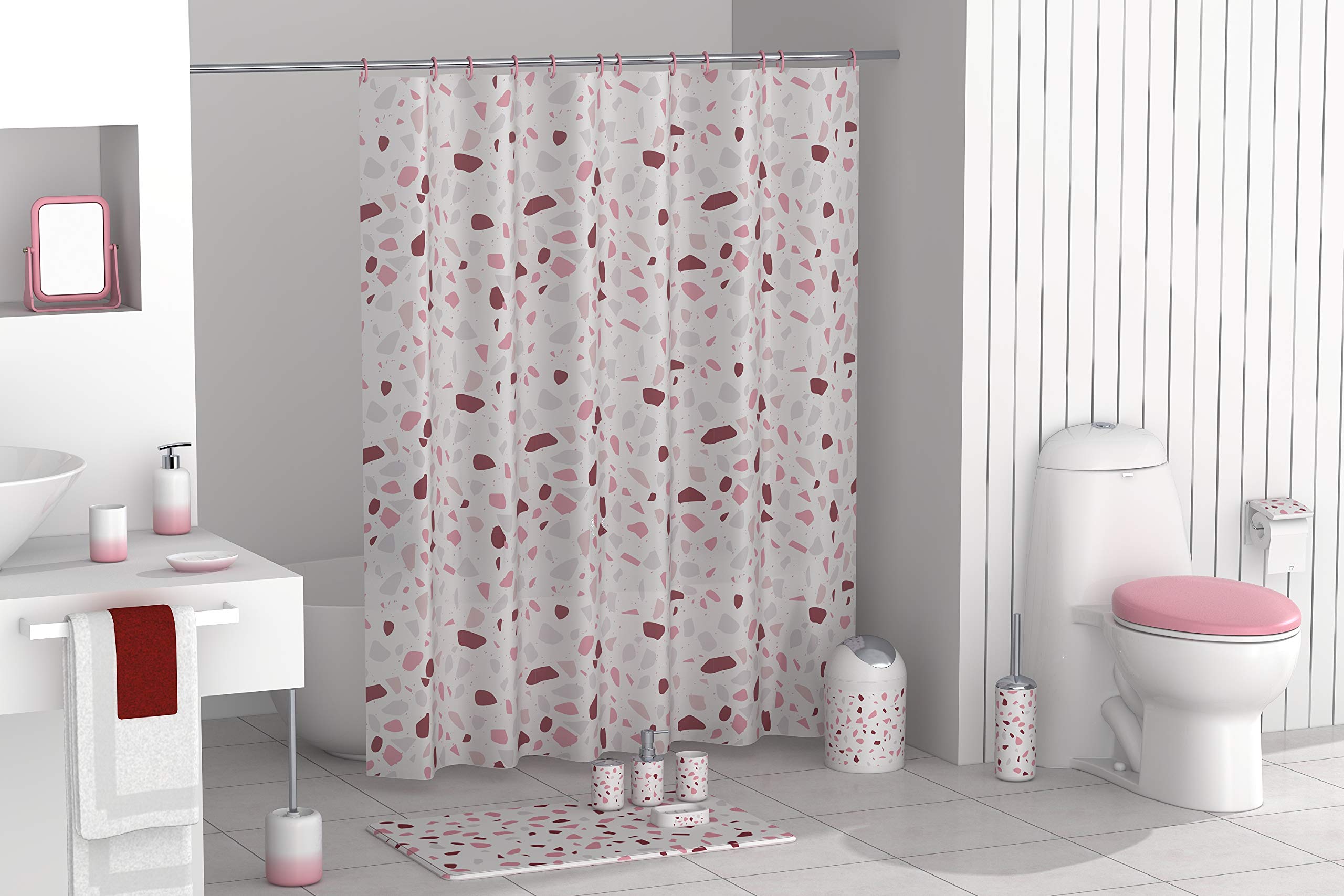BM 4064 Set di Accessori da Bagno in Ceramica Sfumatura Bianco Anguria, Set Accessori Bagno Completo 4 Pezzi, Dispenser, Portaspazzolino, Portasaponetta, Portascopino
