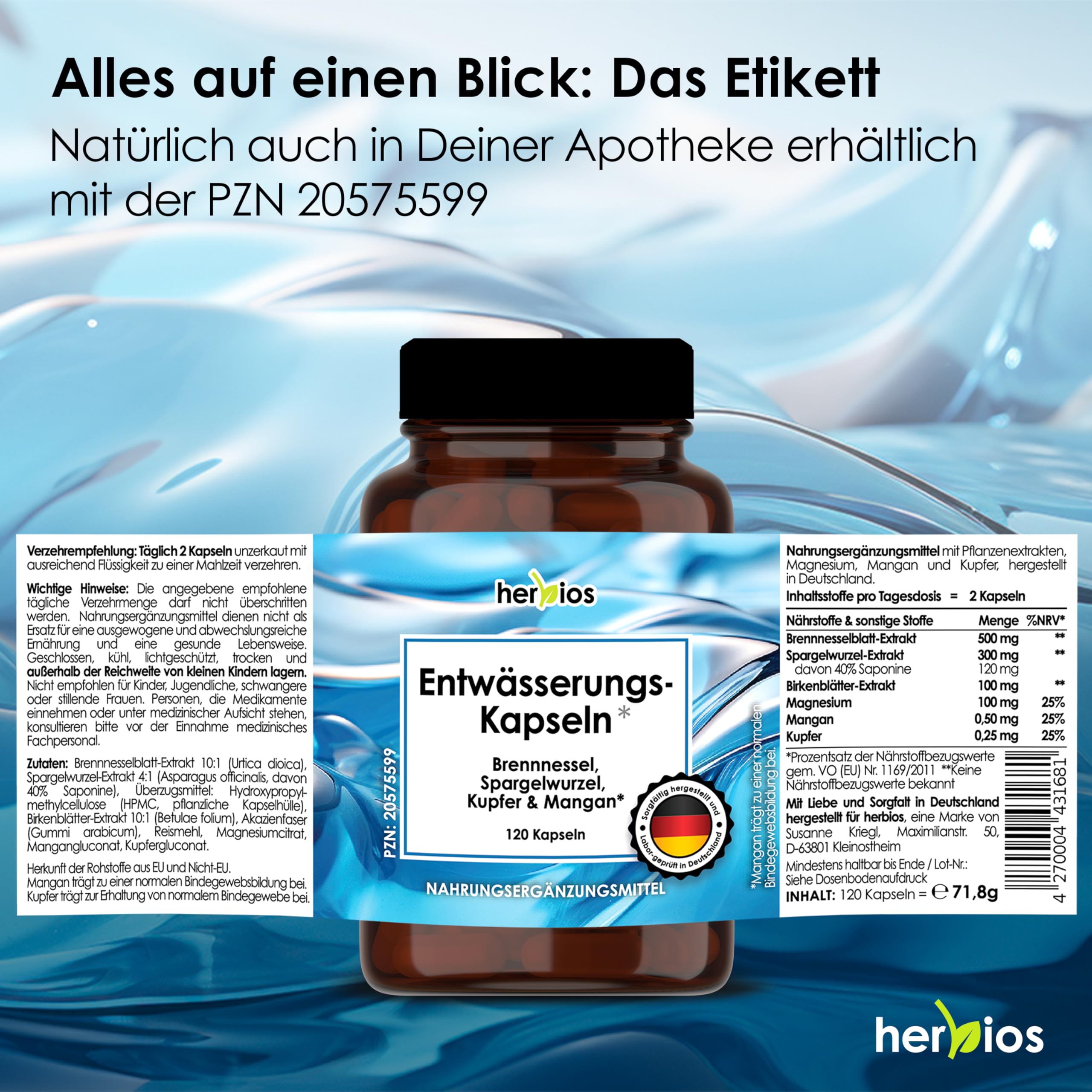 Entwässerungskapseln 120 Stück – 2 Monate Vorrat, Aqua Balance mit Brennnessel, Spargelwurzel & Birkenblättern, Magnesium & Mangan - Laborgeprüft & Vegan, Brennnesselkapseln