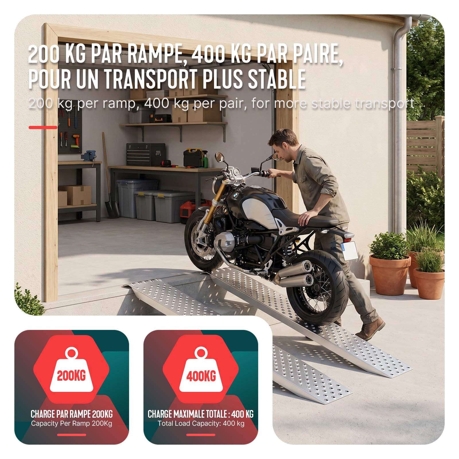 VOUNOT 2 x Rampe de Chargement 400kg Max Rampes Moto Tracteur remorque et Rampe d’accès Résistant et Pratique Taille 160cm x 23x 5 cm Rampe Chargement - Rampe Moto Argent