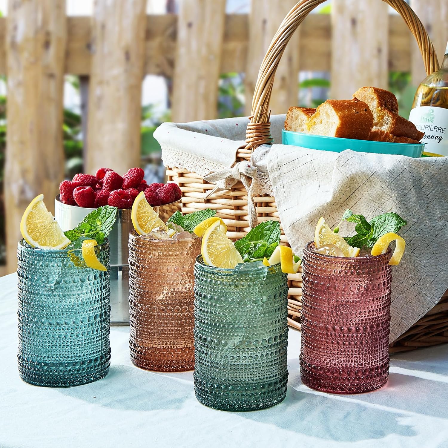 Vintage Hobnail Beaded Highball Drinking Glasses | Set of 8 | Muted Color, Hobnails Glass 14oz &11oz Muted Bubble Design Glassware - Old-Fashioned, Embossed Glass for Water, Wine, Whiskey, Cocktail