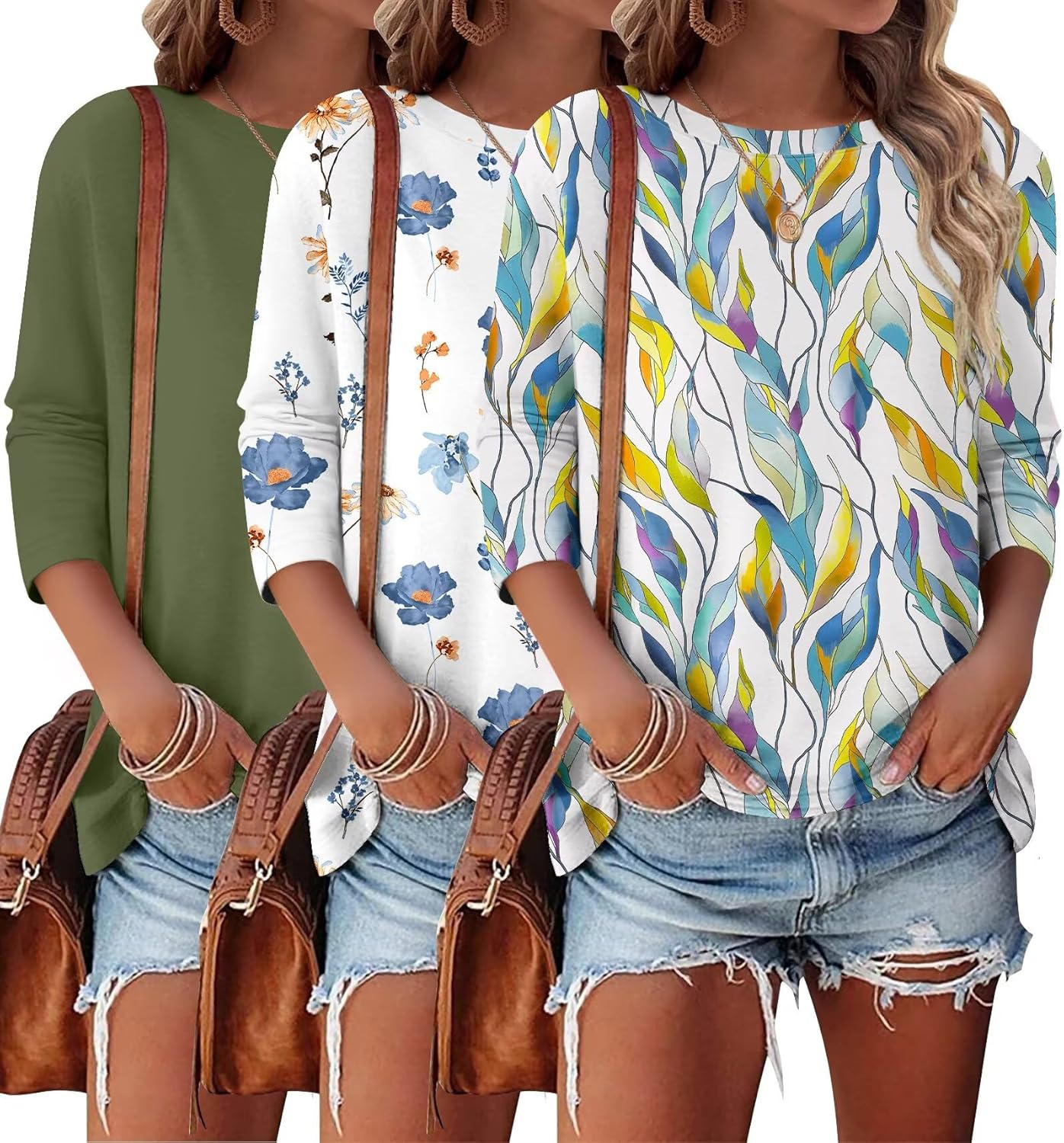 Bliwov 3 Pack 3/4 Sleeve Tops for Women Crewneck Basics Casual Work Tees Spring Summer Trendy T Shirts 2026 Clothes Blouses