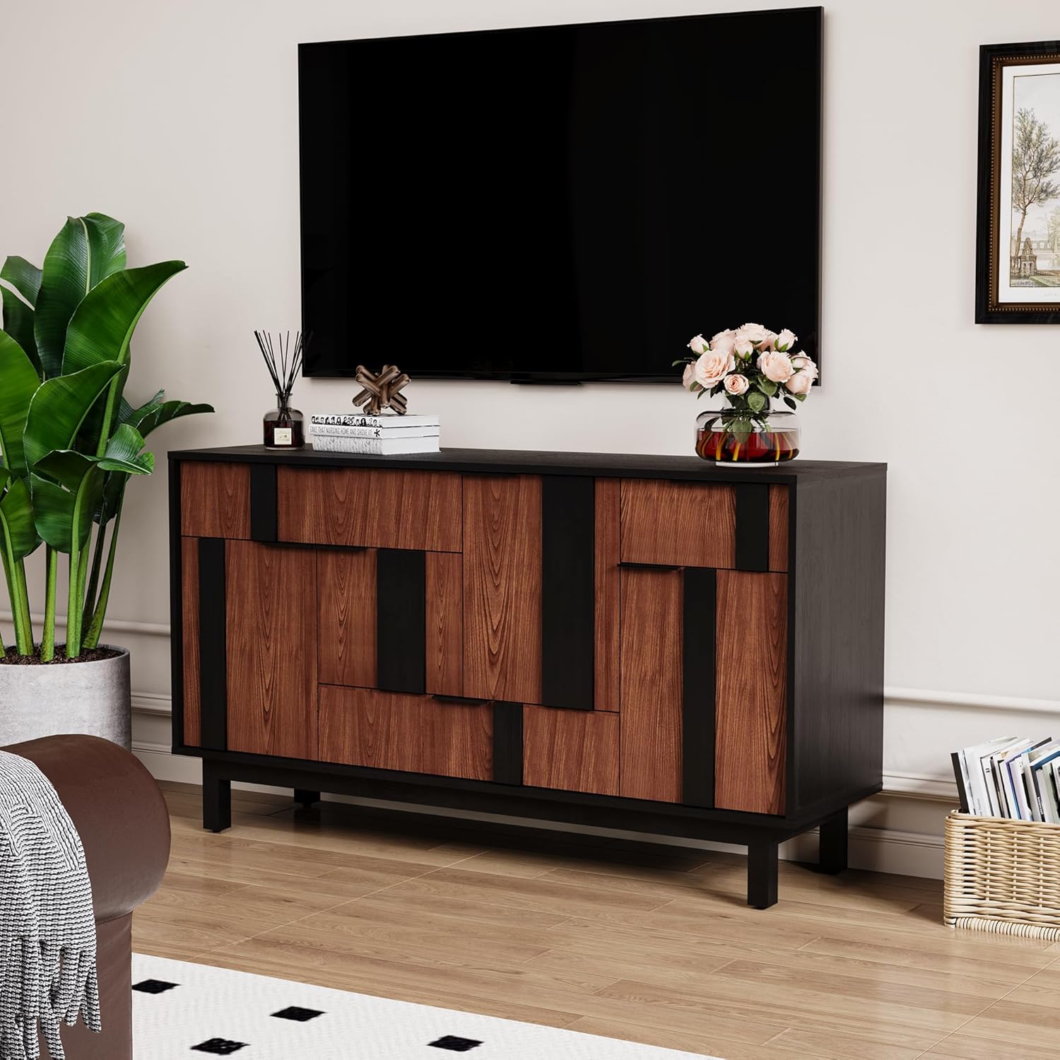 Modern Sideboard Cabinet with 3D Geometric Doors, 54 inch TV Cabinet with 4 Door and 3 Drawers, Buffet Storage Credenza for Living Room, Dining Room, Entryway (Walnut)