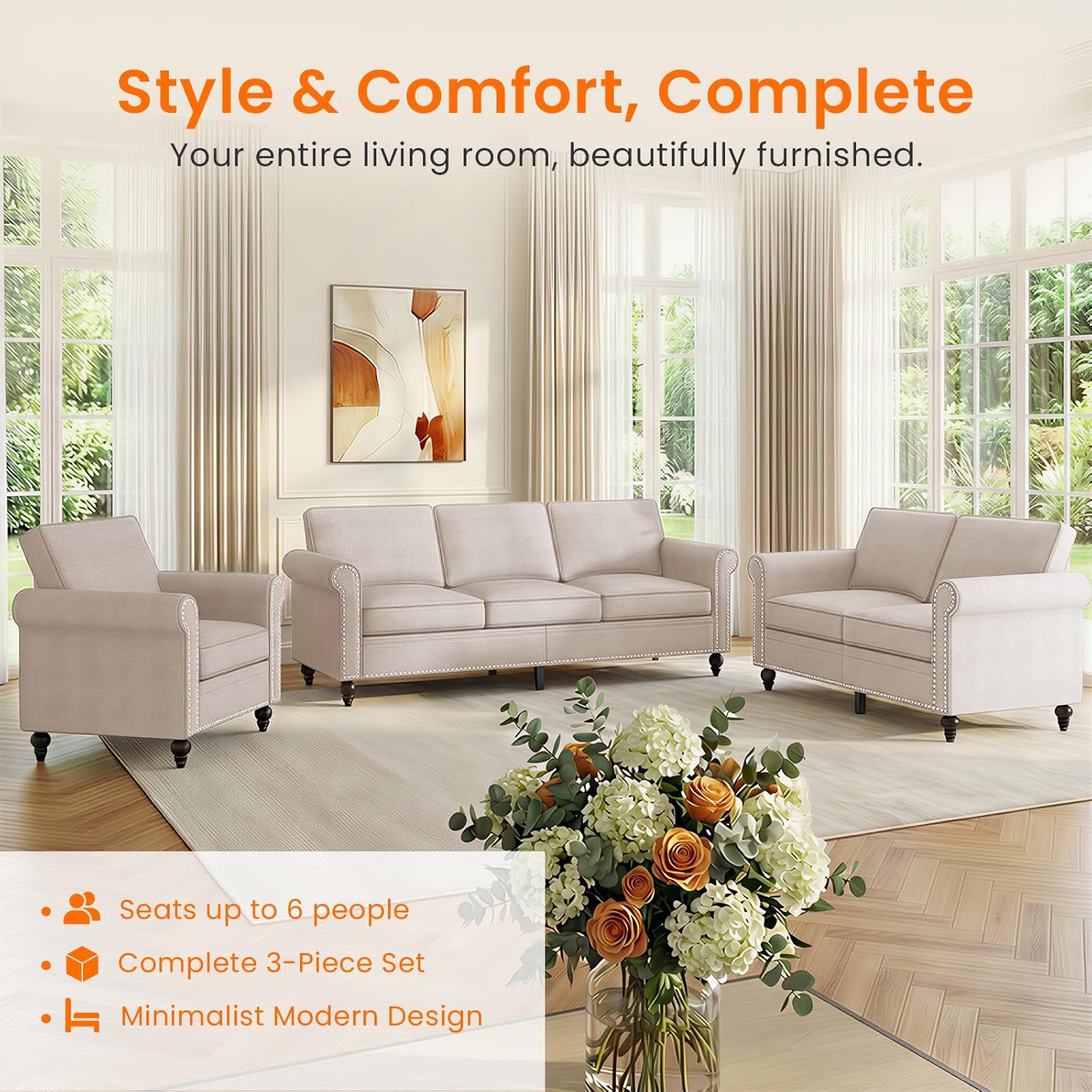 Living Room Sofa Sets 3 Piece, Modern 3 Seater Sofa and Loveseat Couch and Armchair Sets, Linen Fabric 3-Seat + 2-Seat Couch+ Single Accent Chair Furniture Sets