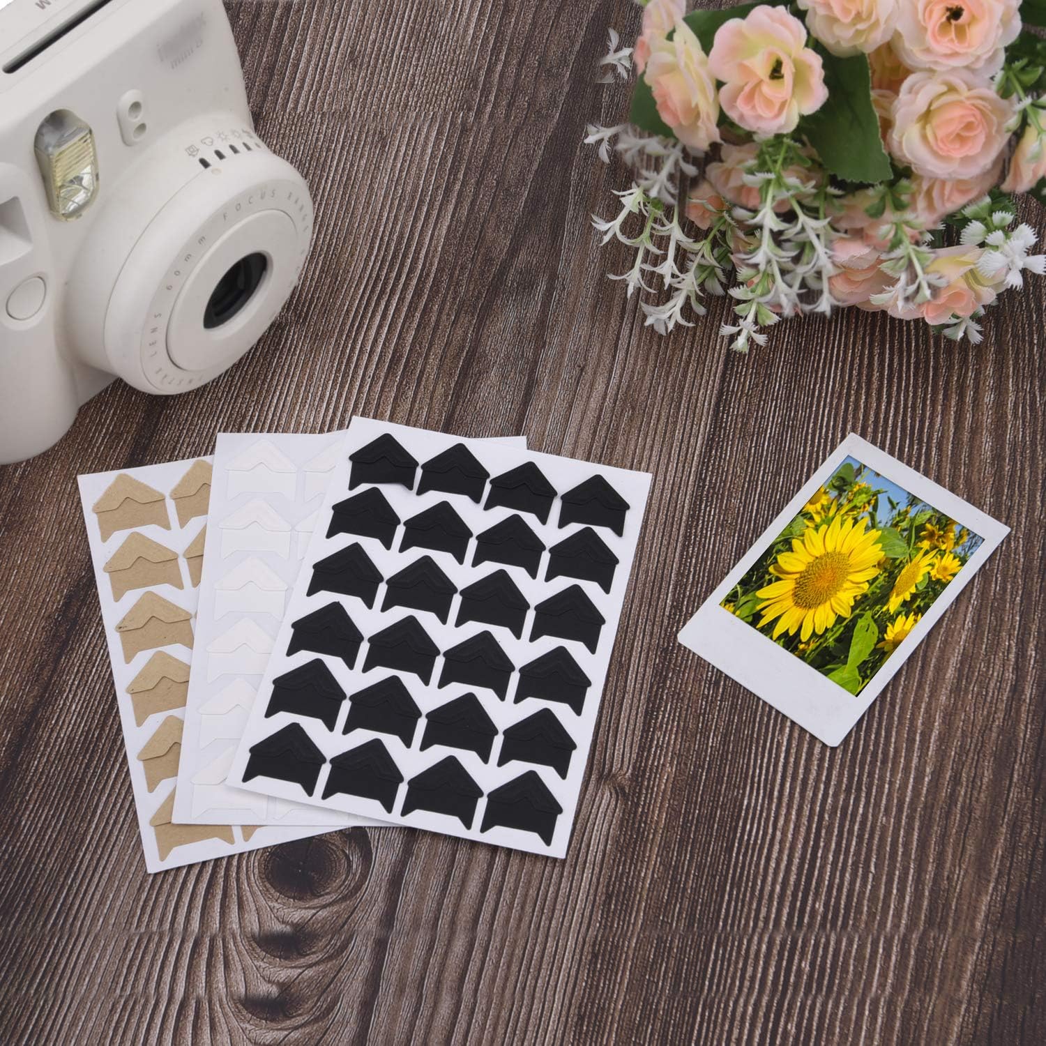 Sunmns 12 Sheets Photo Corners Stickers, Picture Films Self Adhesive Corner for DIY Scrapbook Album (Black, White, Kraft)