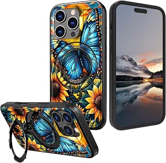 for iPhone 16 Pro Max Case with Hidden Stand Military Drop Protection, Compatible with MagSafe, Heavy Duty Shockproof Phone Cover for iPhone 16 Pro Max 6.9, Blue Butterfly