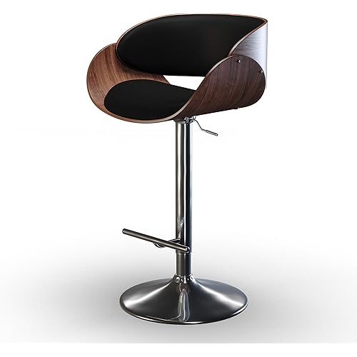 SIMPLIHOME Amery 34 inch Bar Stool, Black PU Faux Leather, Curved, Swivel, Gas Lift Adjustable Height, for the Kitchen and Dining Room, Mid Century Modern