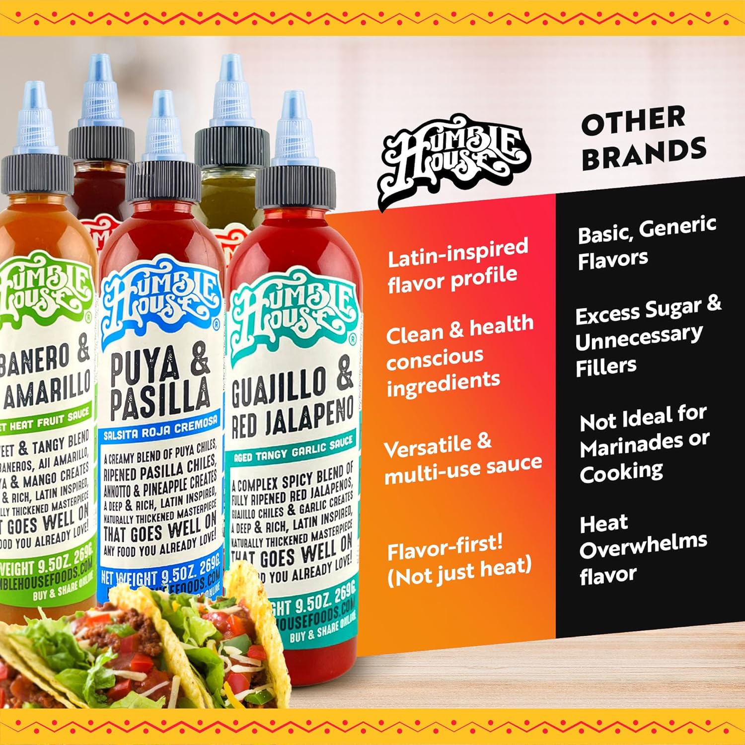 Humble House - Hot Sauce Variety Pack with 5 Low-Sodium Vegan Condiments for Chicken Wings, Tamales, Tacos, Sopes & More, All-Natural Preservative-Free Sauces for Food, 9.5 oz per Bottle - Image 7