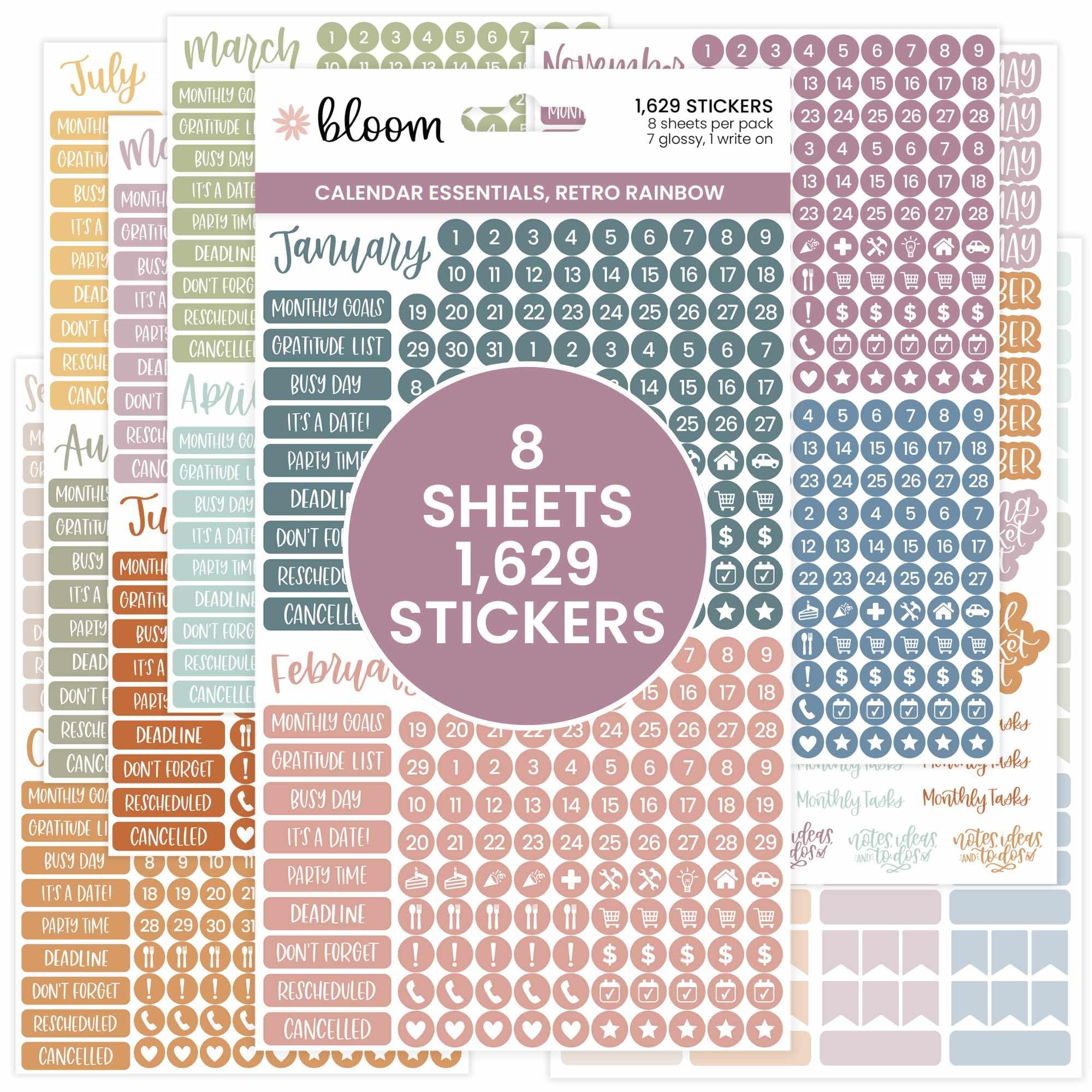 Bloom Daily Planners Women's Retro Rainbow Calendar Essentials Planner Stickers - 8 Sheets, 1629 Stickers Per Pack! - Color Coordinating Monthly Headings, Dates, Icons, Etc.