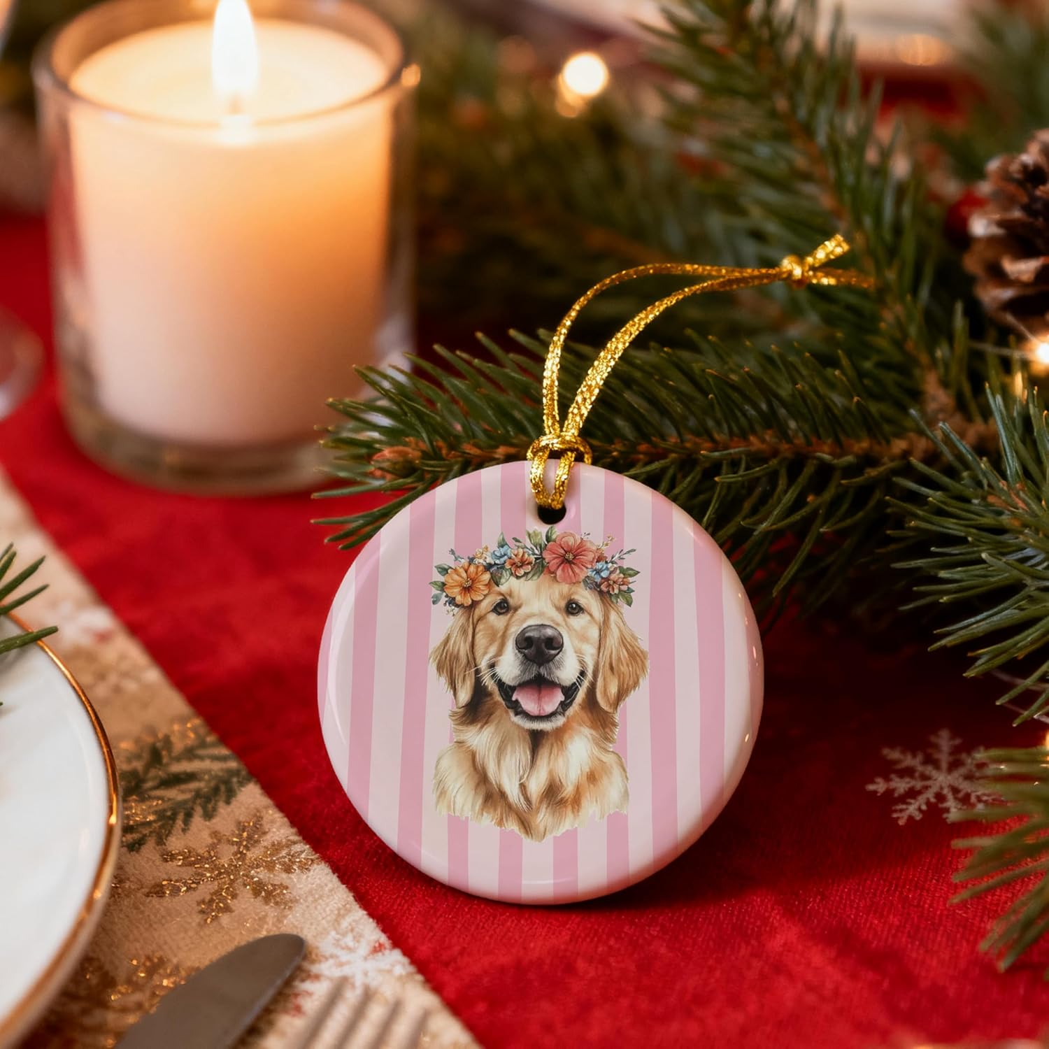 Golden Retriever Christmas Ornament, Gifts for Golden Retriever Lovers, Floral Dog Ornament for Christmas Tree, Pink Striped Dog Decorative Hanging Ceramic Ornaments for Xmas Party Holiday - Image 4