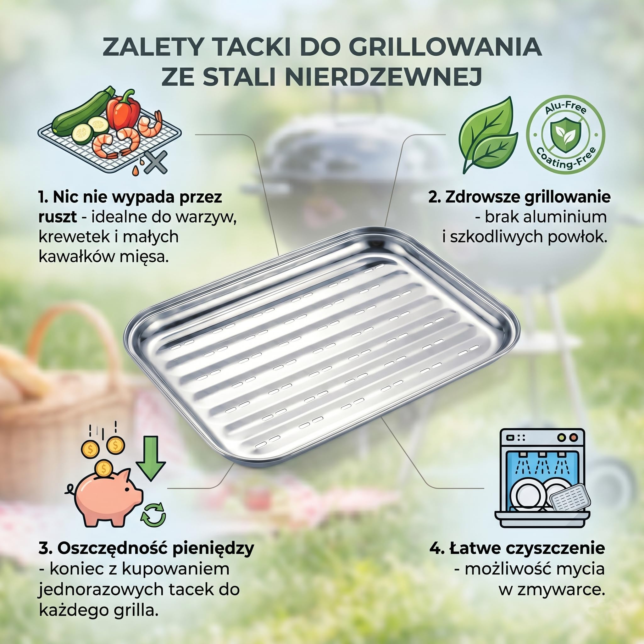 Wielorazowa Tacka do Grilla ze Stali Nierdzewnej 34,7x24,6 cm - metalowa taca do grillowania warzyw, mięs i ryb - do grilla gazowego i węglowego