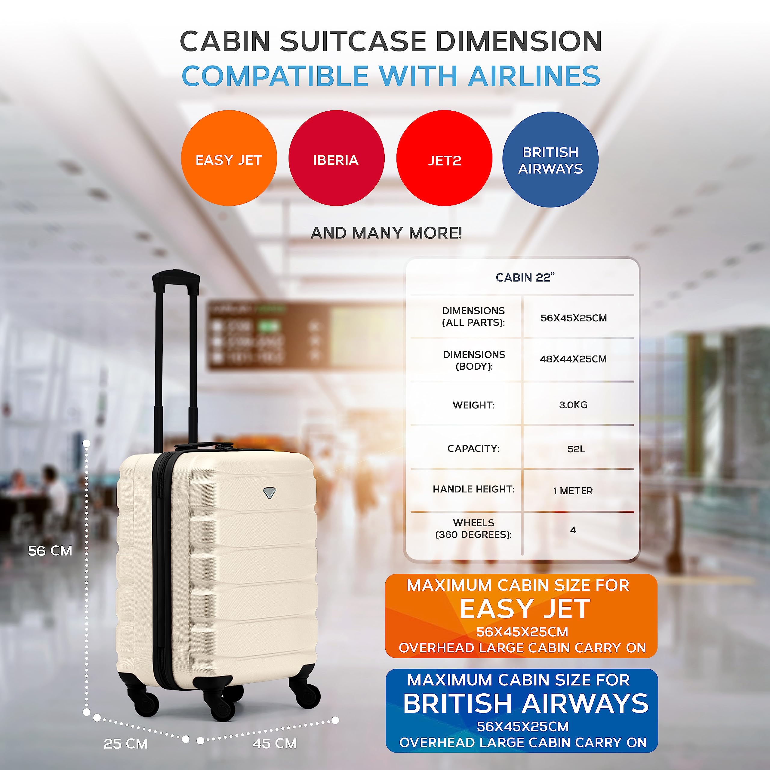Flight Knight 56x45x25 EasyJet Cabin Bag, Jet2, British Airways Suitcase - Lightweight Small Durable 4-Wheel Cabin Case, Maximum Carry-On Size, ABS Hard Shell, 10kg Hand Luggage Bag- 56 x 45 x 25