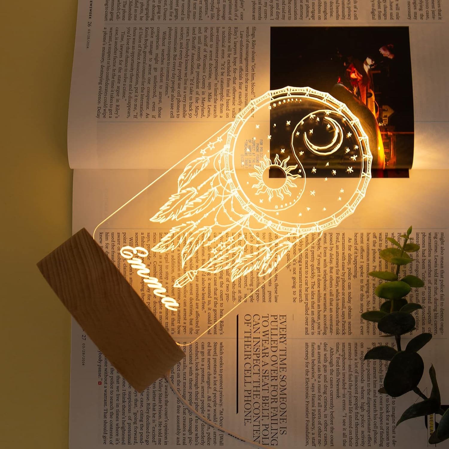 Lovejewelry Personalized Dream Catcher Night Light with USB Charger 3D Dreamcatcher Name Light for Table Custom Names Bedroom Lamp for Teen Girl Room Decor (Moon and Sun)
