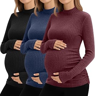 Neer 3 Pack Women's Maternity Shirts, Pregnant Long Sleeve Tops Mock Turtleneck Pregnancy Sweaters Ribbed Knit Mama Clothes