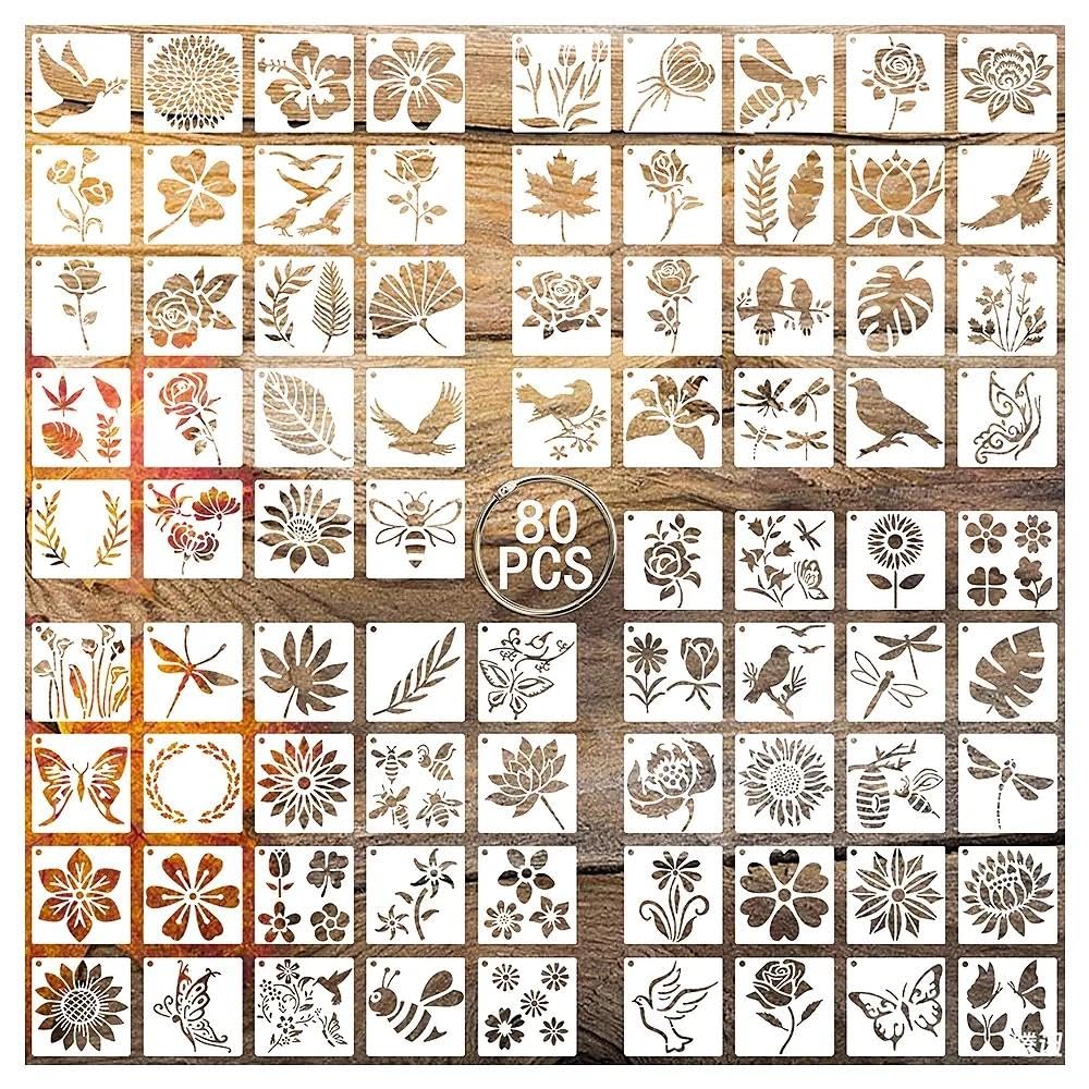 pclapora 80 Stück Schablonen Set, Blumenschablonen zum Malen, Blume Blätter Vogel Zeichnung Malschablonen DIY Schablonen, Wiederverwendbare Malvorlagen Kits, für Holz,Boden,Scrapbooking Handwerk Deko