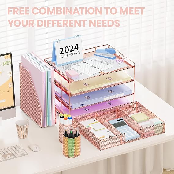 OPNICE Desk Organizers and Accessories, 4-Tier Desktop File Organizer with Drawer and 2 Pen Holders, Office Desk Accessories Workspace Organizers for Office Supplies, Rose Gold